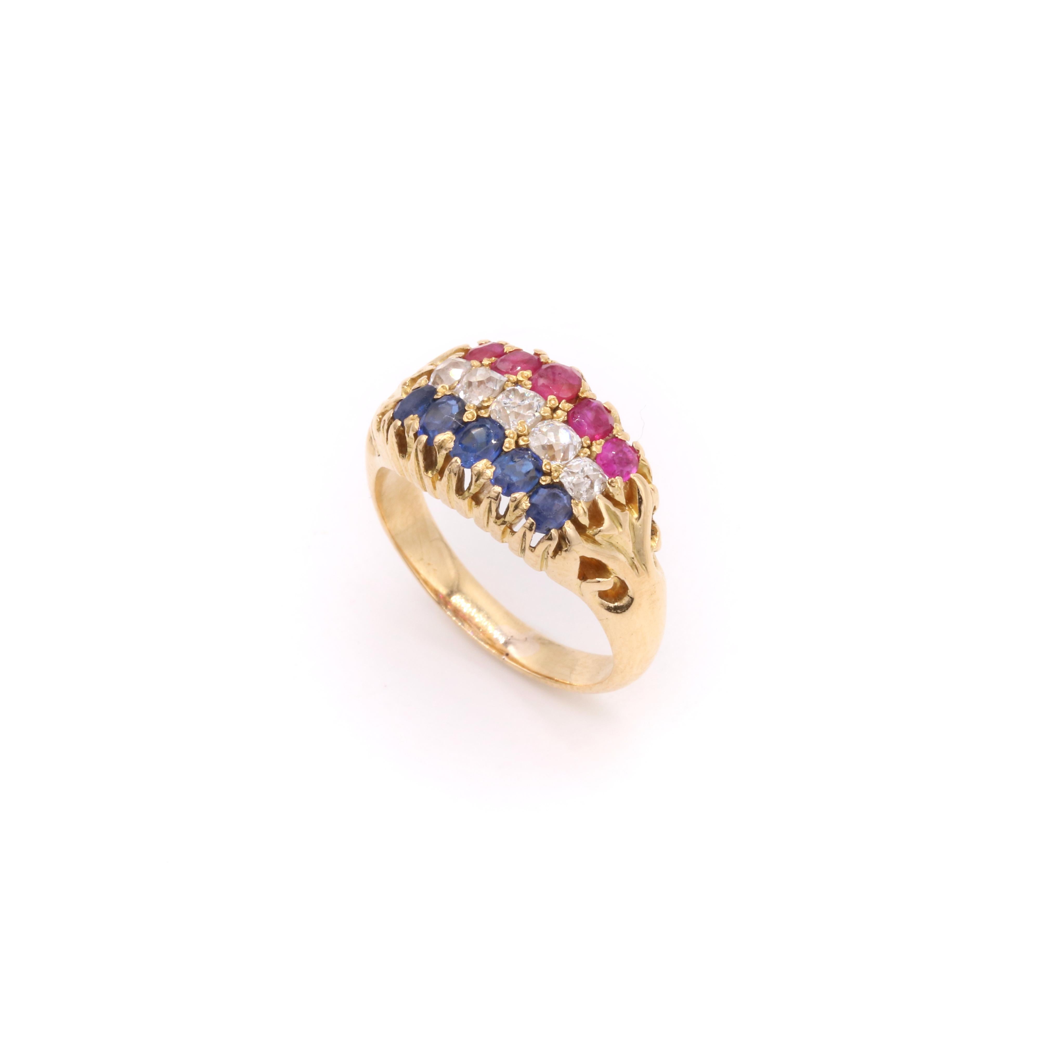 Antique Victorian 18K Yellow Gold 1.58tgw Sapphire, Diamond and Ruby Ring For Sale 3