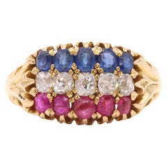 Antique Victorian 18K Yellow Gold 1.58tgw Sapphire, Diamond and Ruby Ring