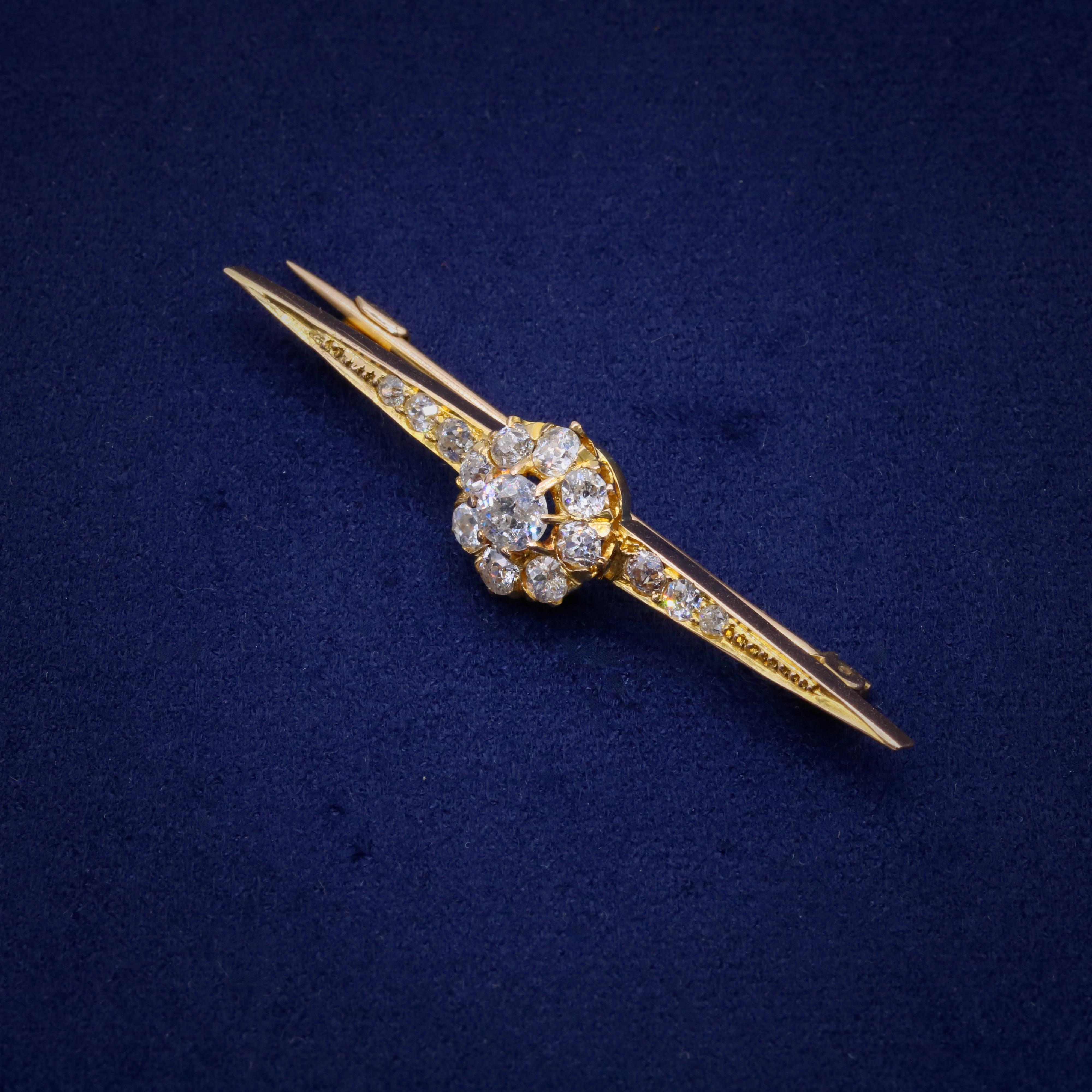 Old European Cut Antique Victorian 18K Yellow Gold 1.73ctw Diamond Daisy Cluster Brooch For Sale