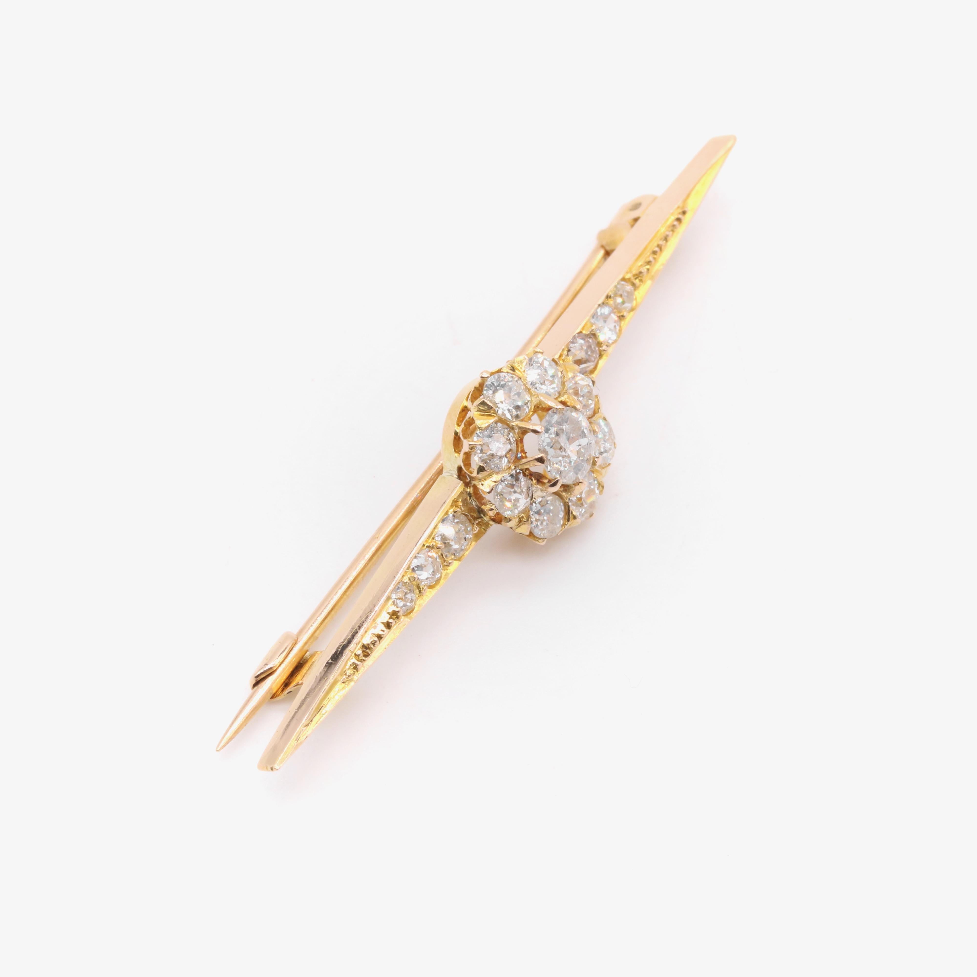 Antique Victorian 18K Yellow Gold 1.73ctw Diamond Daisy Cluster Brooch In Good Condition For Sale In Staines-Upon-Thames, GB