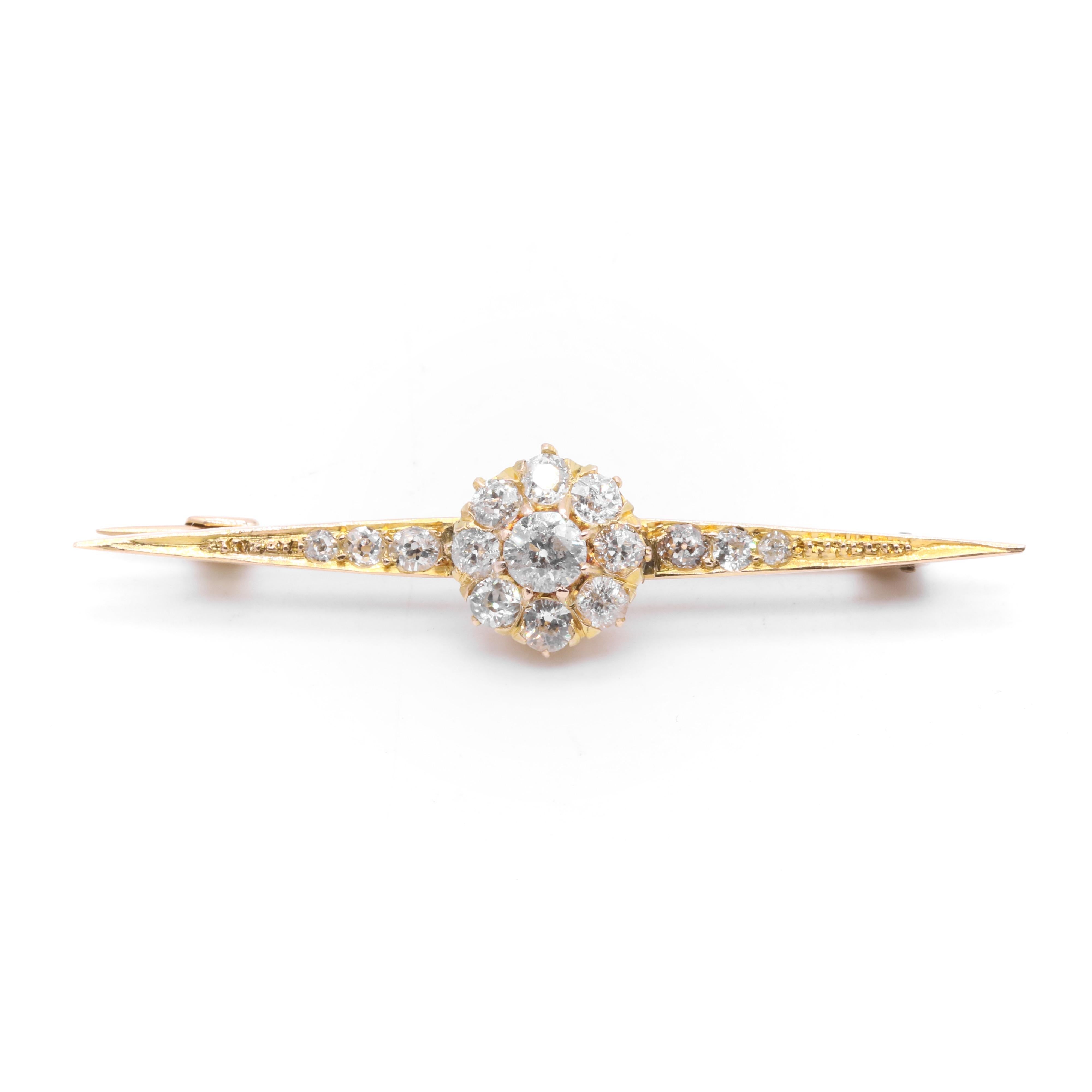 Antique Victorian 18K Yellow Gold 1.73ctw Diamond Daisy Cluster Brooch For Sale 2