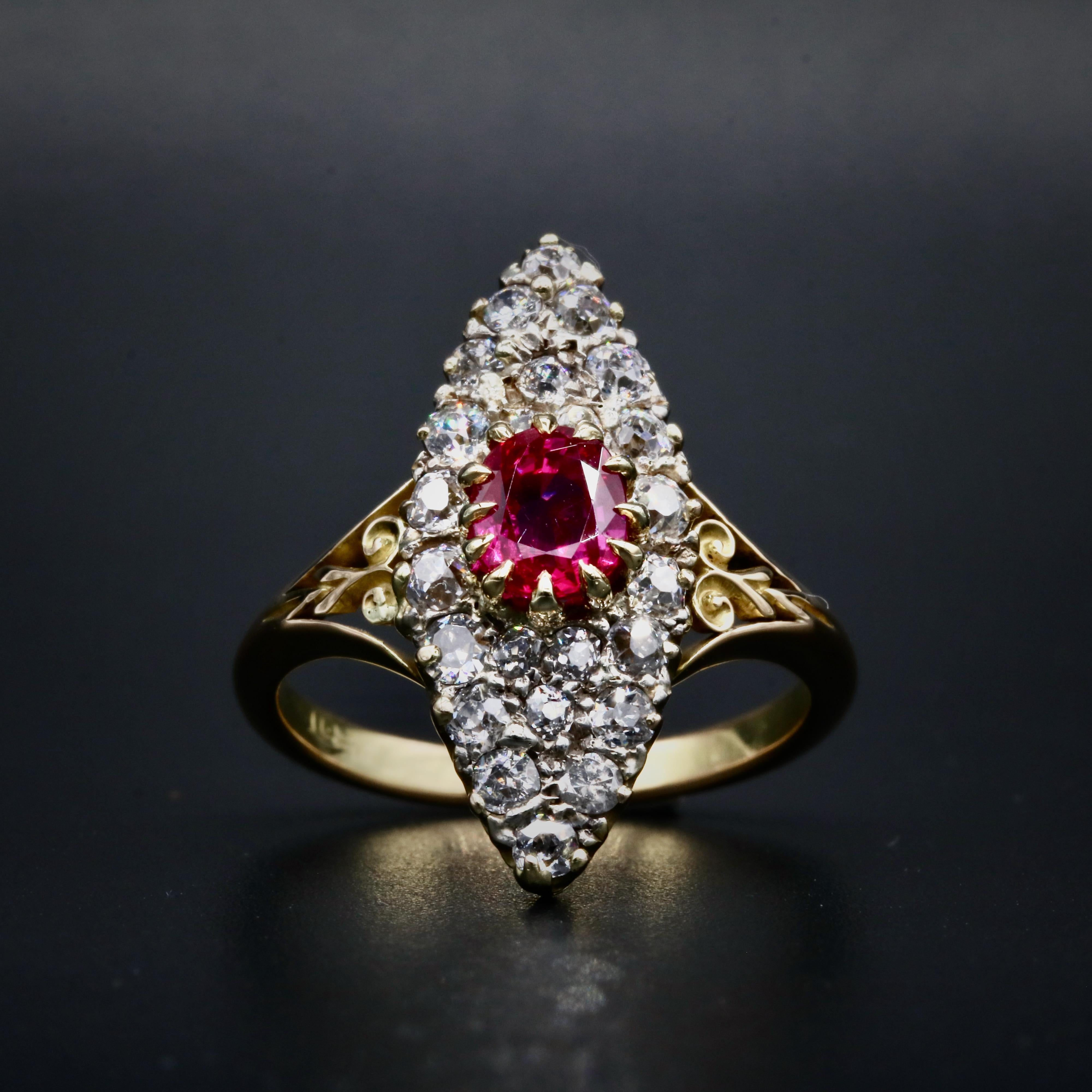 Old European Cut Antique Victorian 18K Yellow Gold 2.1tgw Ruby and Diamond Marquise Ring For Sale