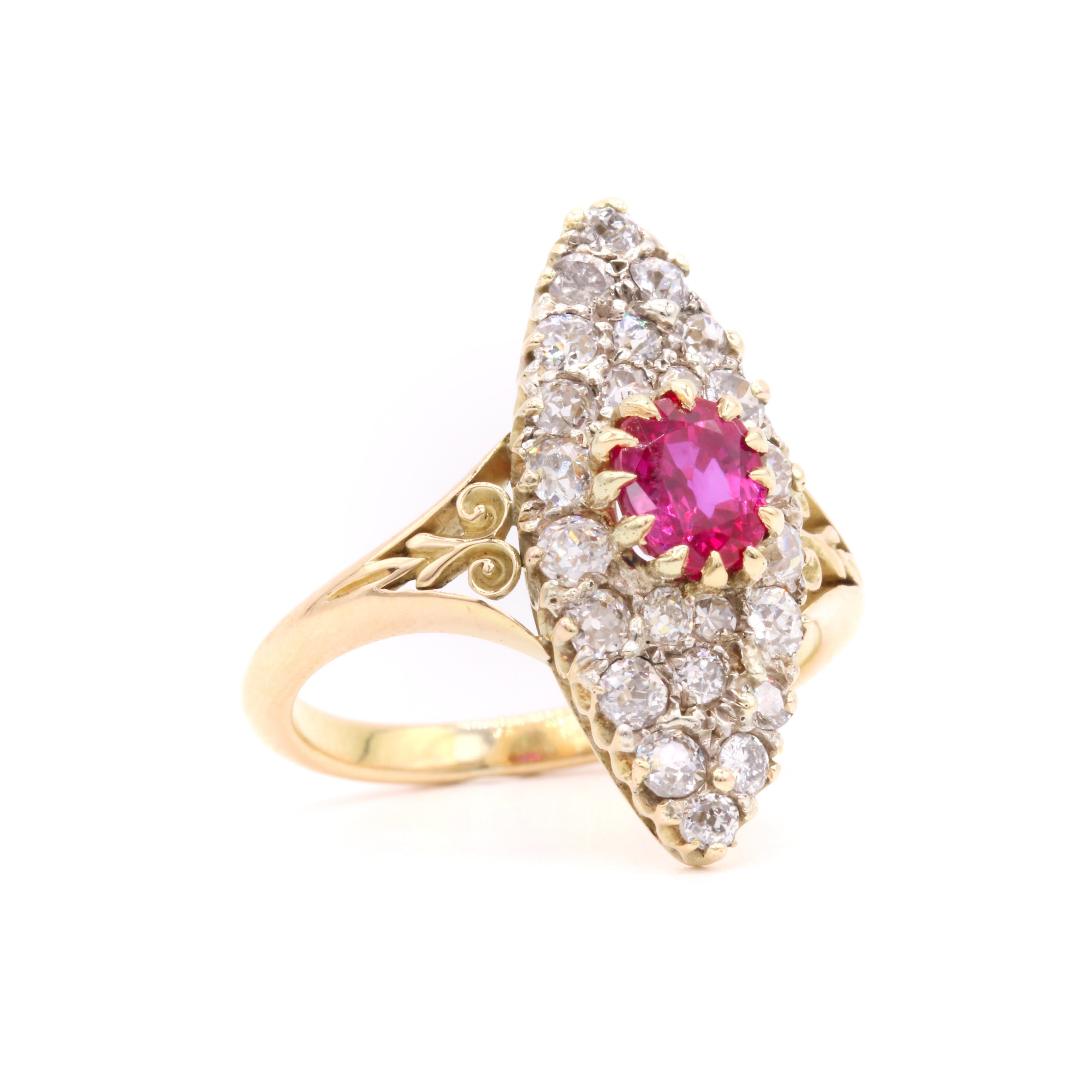 Antique Victorian 18K Yellow Gold 2.1tgw Ruby and Diamond Marquise Ring In Good Condition For Sale In Staines-Upon-Thames, GB