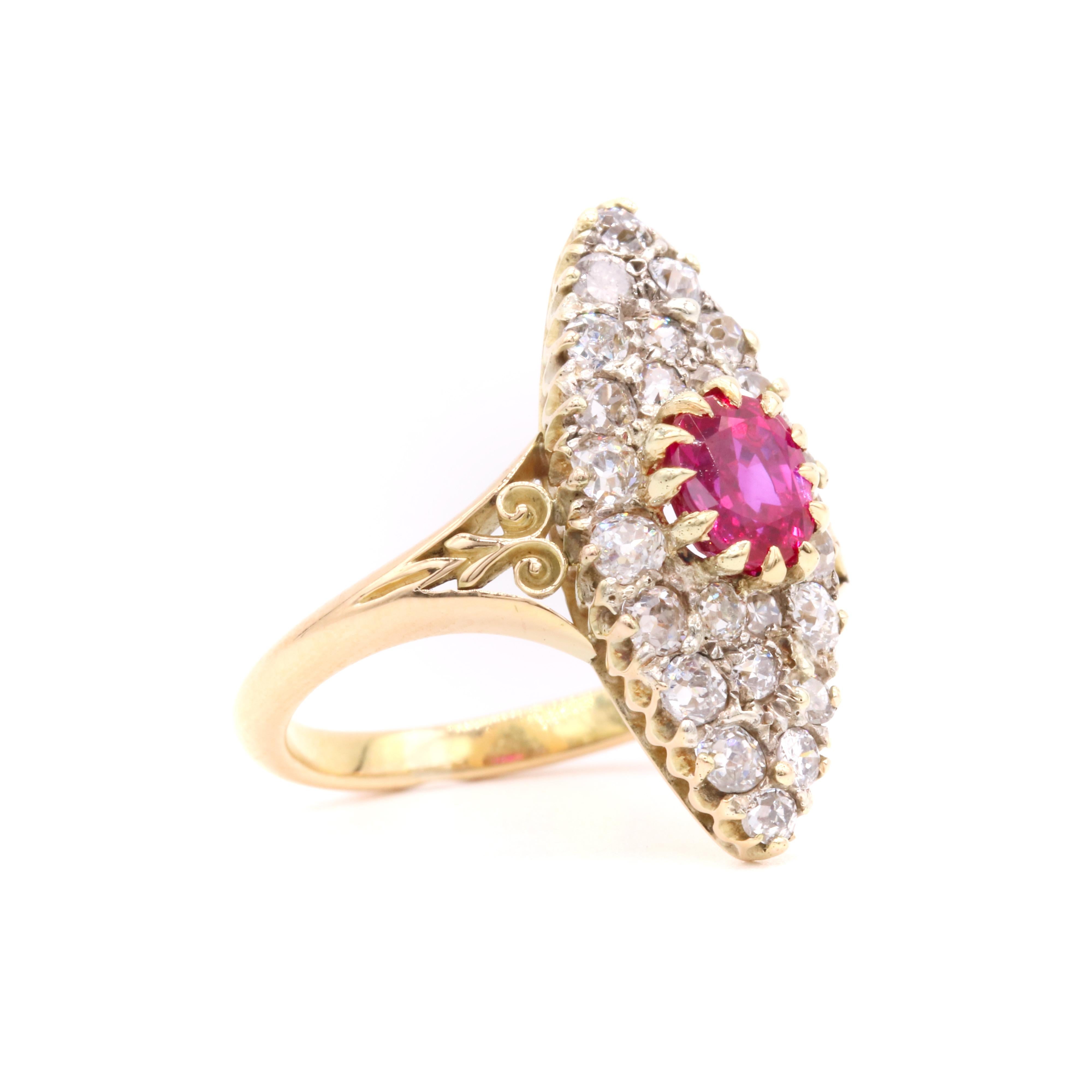 Women's or Men's Antique Victorian 18K Yellow Gold 2.1tgw Ruby and Diamond Marquise Ring For Sale