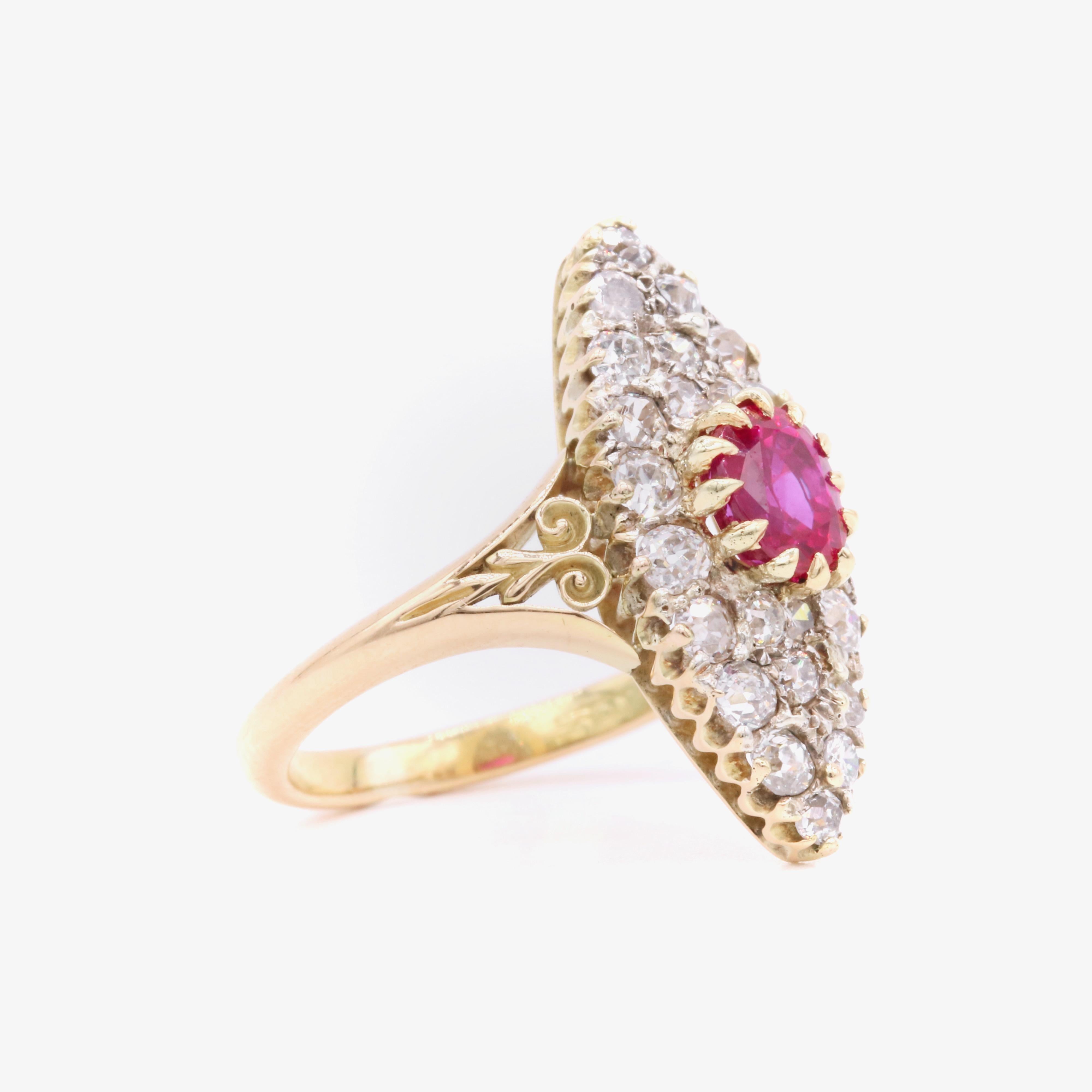 Antique Victorian 18K Yellow Gold 2.1tgw Ruby and Diamond Marquise Ring For Sale 1