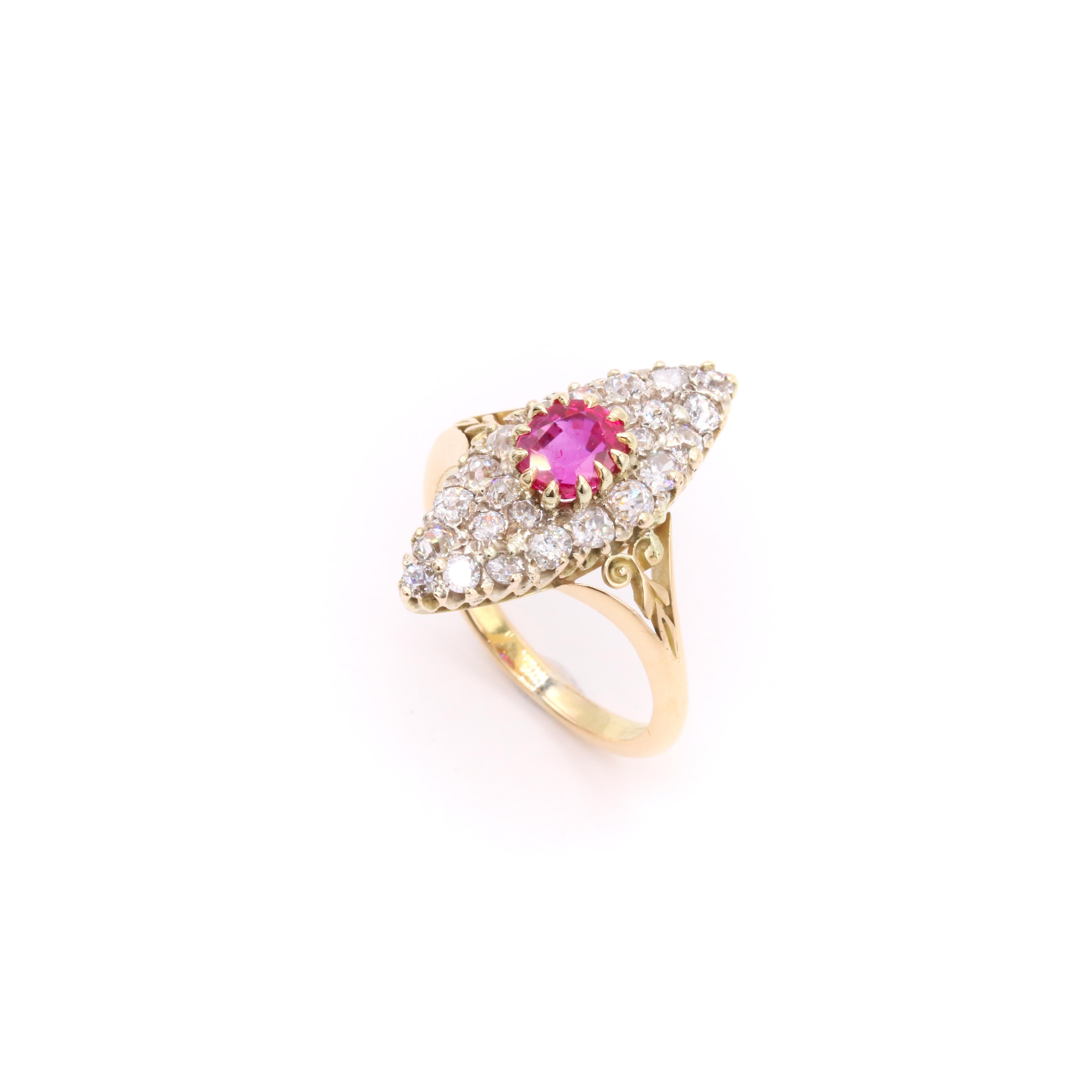 Antique Victorian 18K Yellow Gold 2.1tgw Ruby and Diamond Marquise Ring For Sale 3