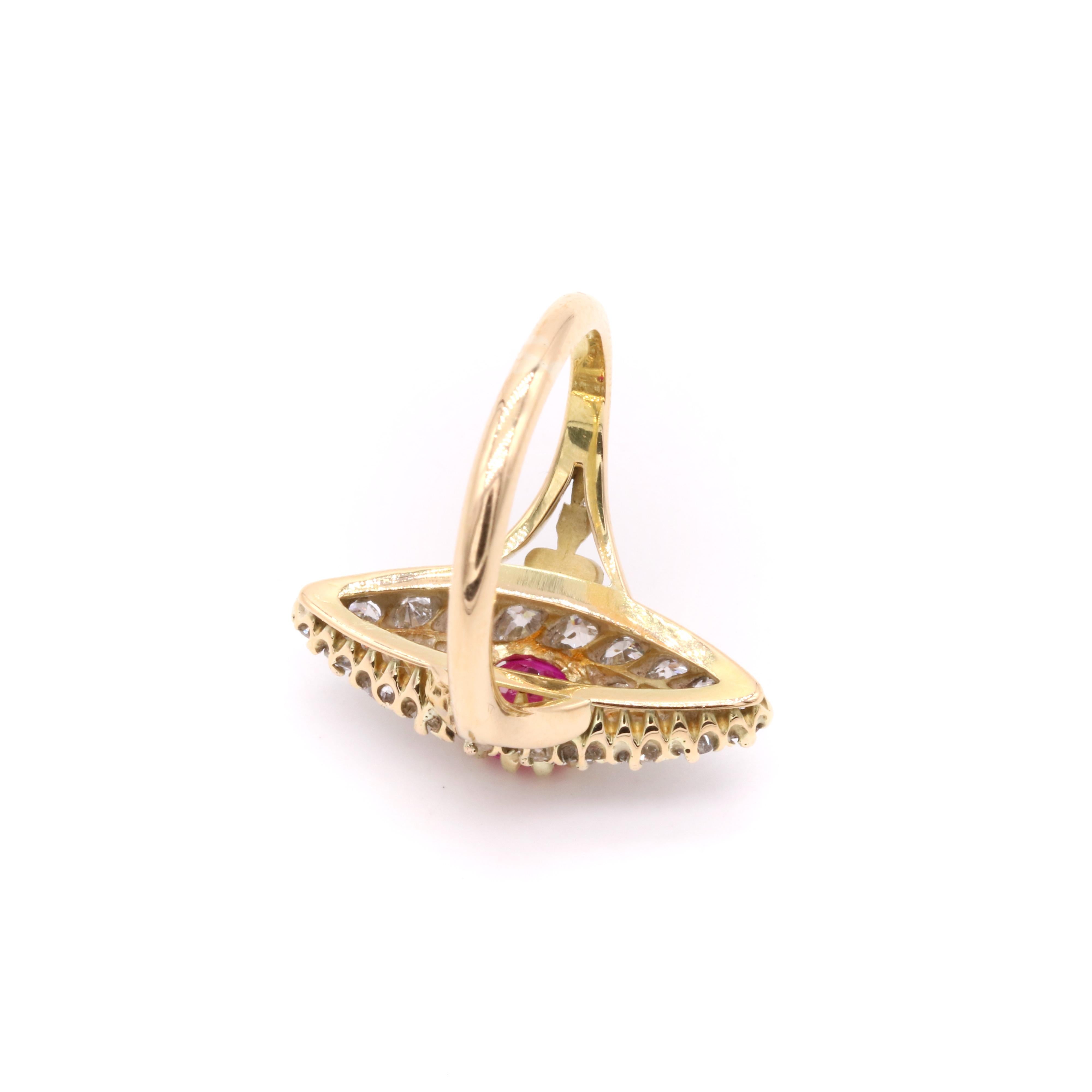 Antique Victorian 18K Yellow Gold 2.1tgw Ruby and Diamond Marquise Ring For Sale 4