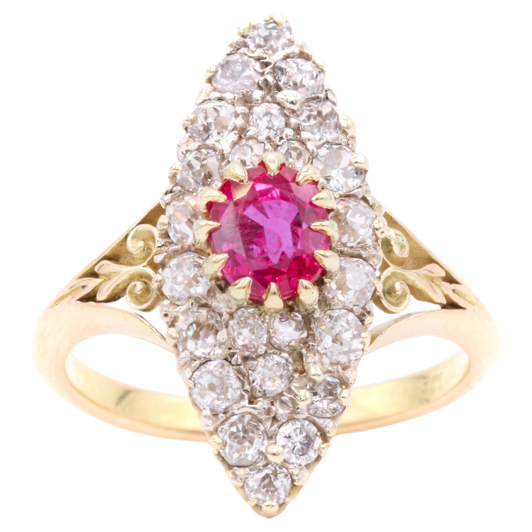 Antique Victorian 18K Yellow Gold 2.1tgw Ruby and Diamond Marquise Ring For Sale