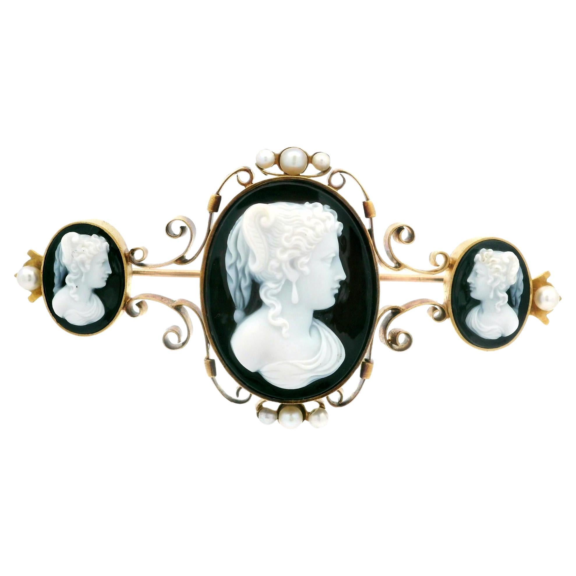 Antique Victorian 18k Yellow Gold 3 Cameo Hardstone & Pearls Pin Brooch