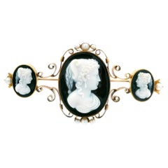 Antique Victorian 18k Yellow Gold 3 Cameo Hardstone & Pearls Pin Brooch