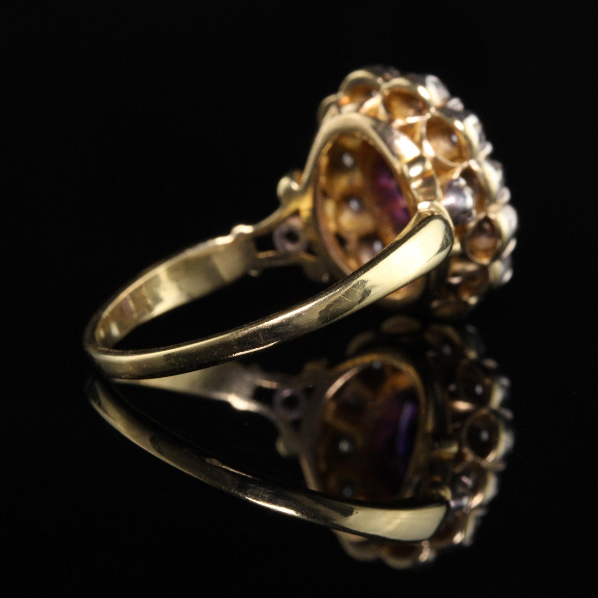 Antiker viktorianischer Verlobungsring aus 18 Karat Gelbgold mit Amethyst und Diamant im alten Minenschliff (Ovalschliff)