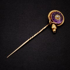 Antique Victorian 18K Yellow Gold Amethyst and Pearl Snake Stick Pin