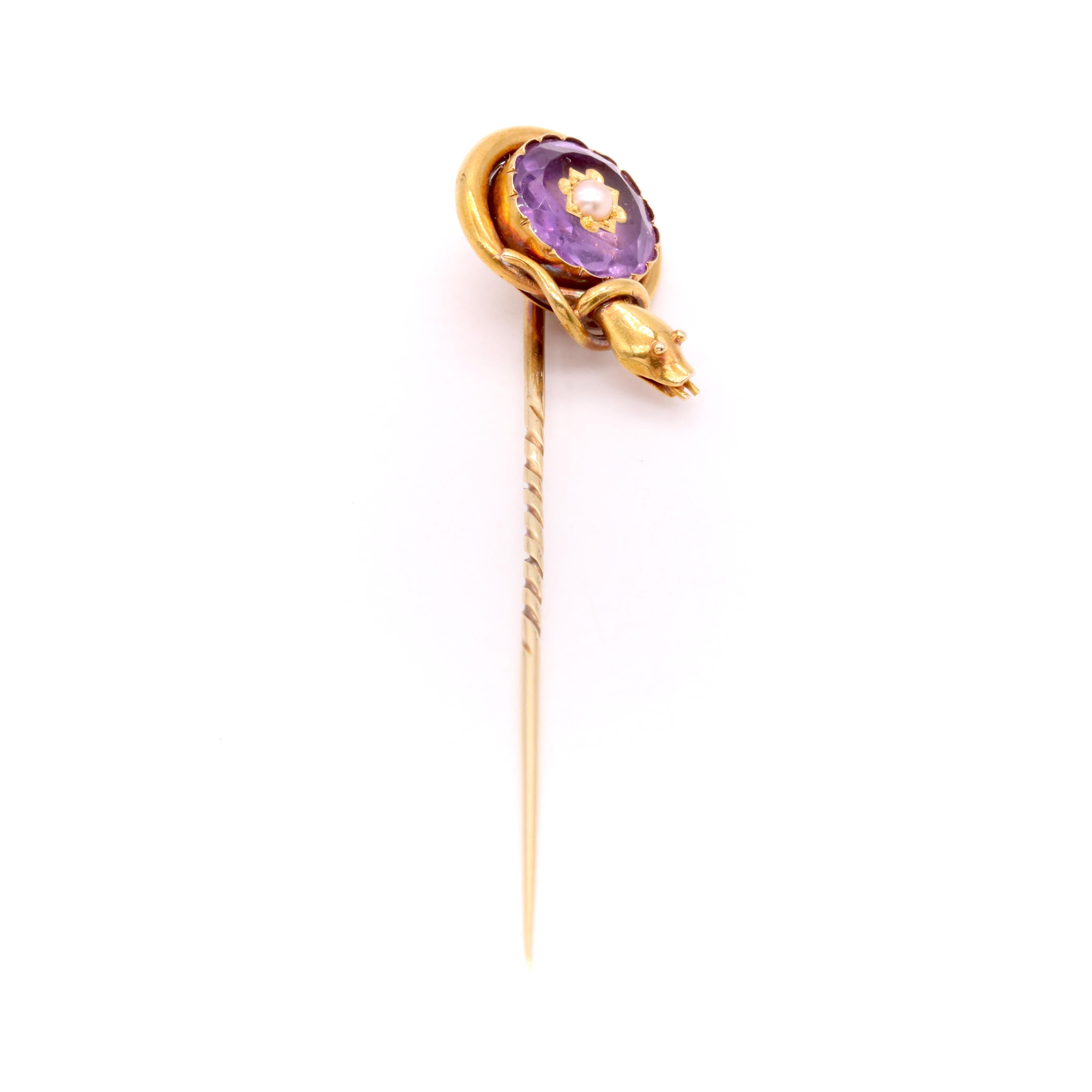 Stick Pin Snake Antique Victorian 18K Yellow Gold Amethyst and Pearl Snake Stick Pin ...