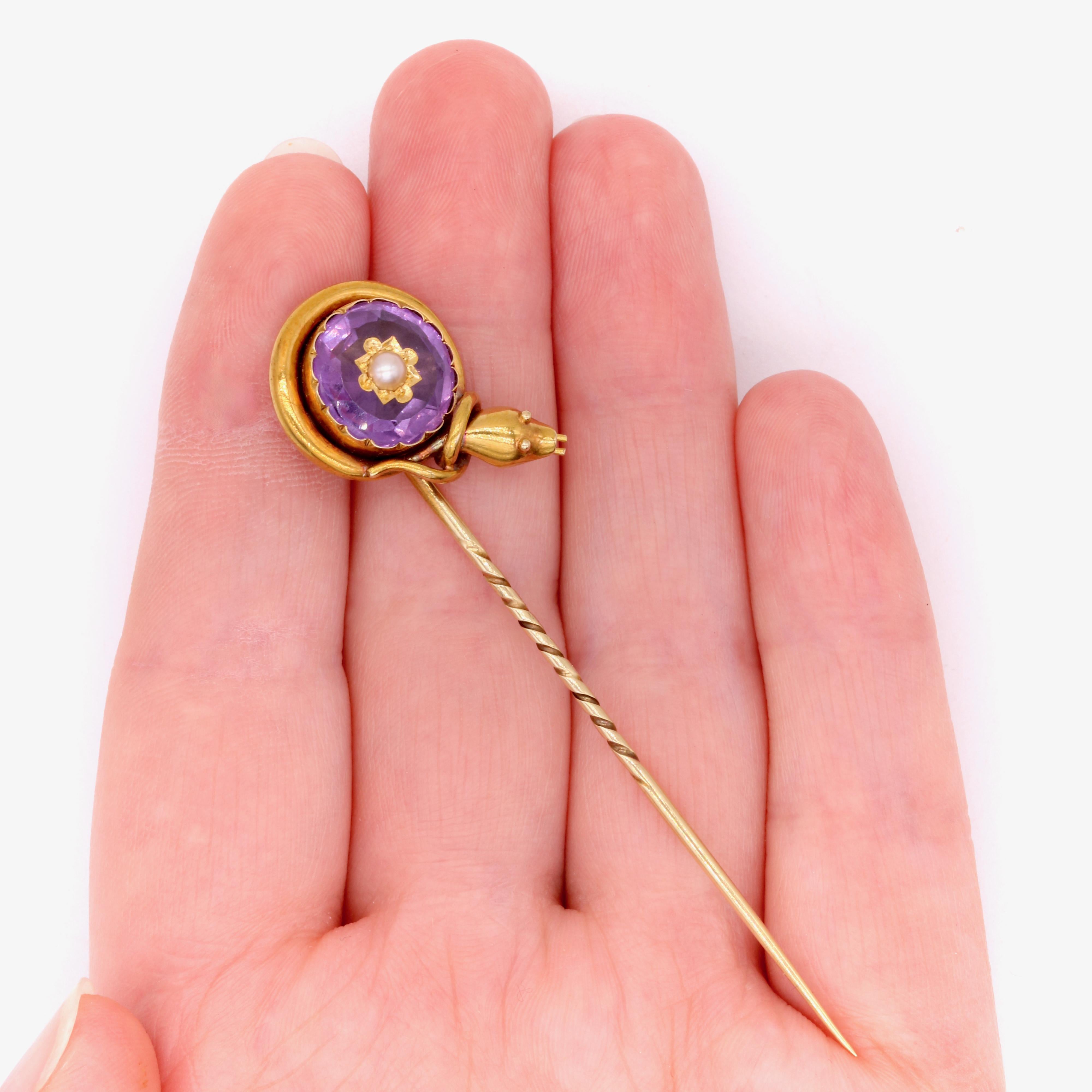 Stick Pin Snake Antique Victorian 18K Yellow Gold Amethyst and Pearl Snake Stick Pin ...
