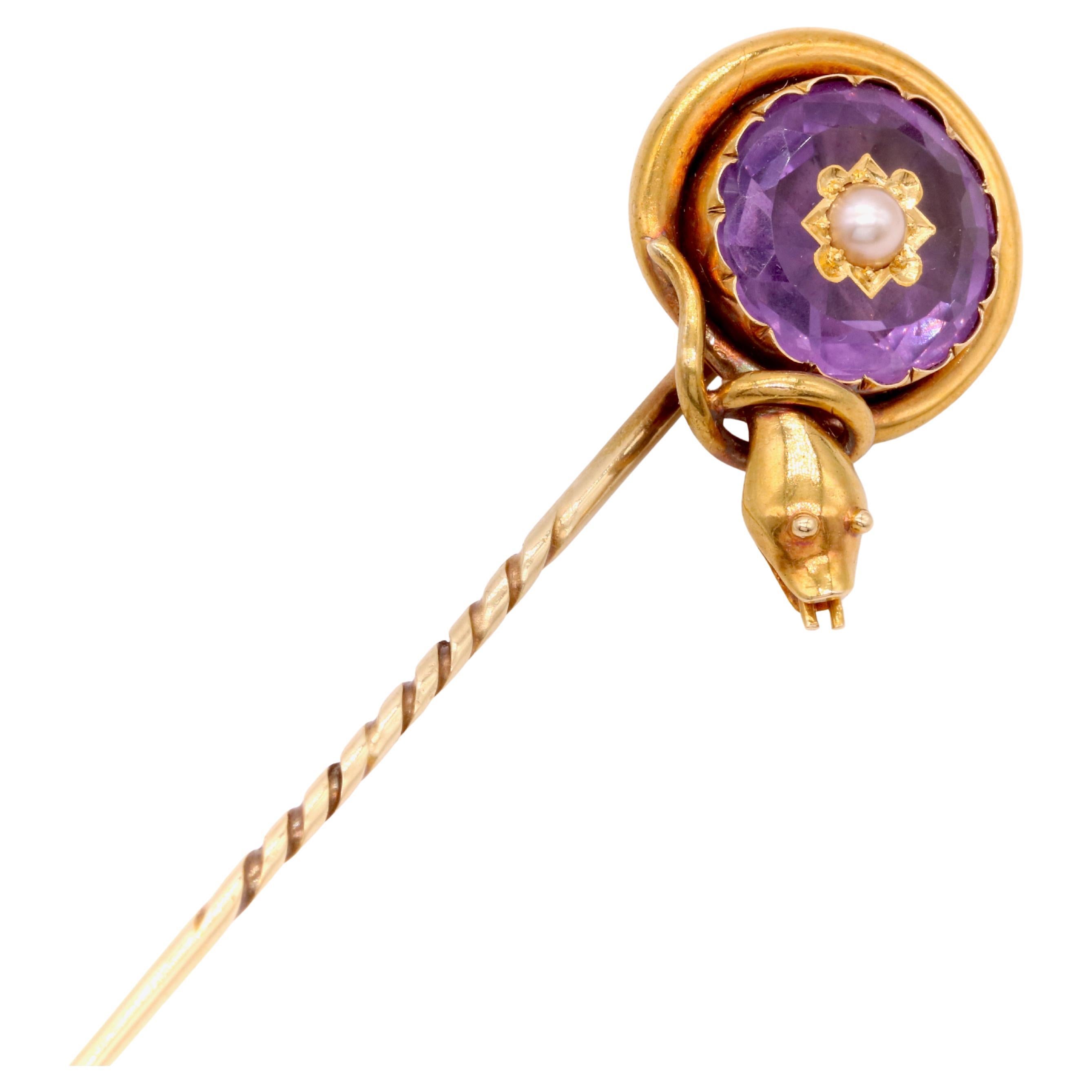 Antique Victorian 18K Yellow Gold Amethyst and Pearl Snake Stick Pin