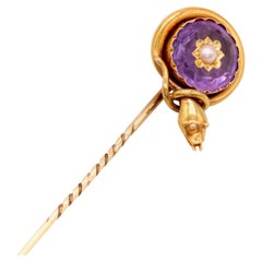 Antique Victorian 18K Yellow Gold Amethyst and Pearl Snake Stick Pin