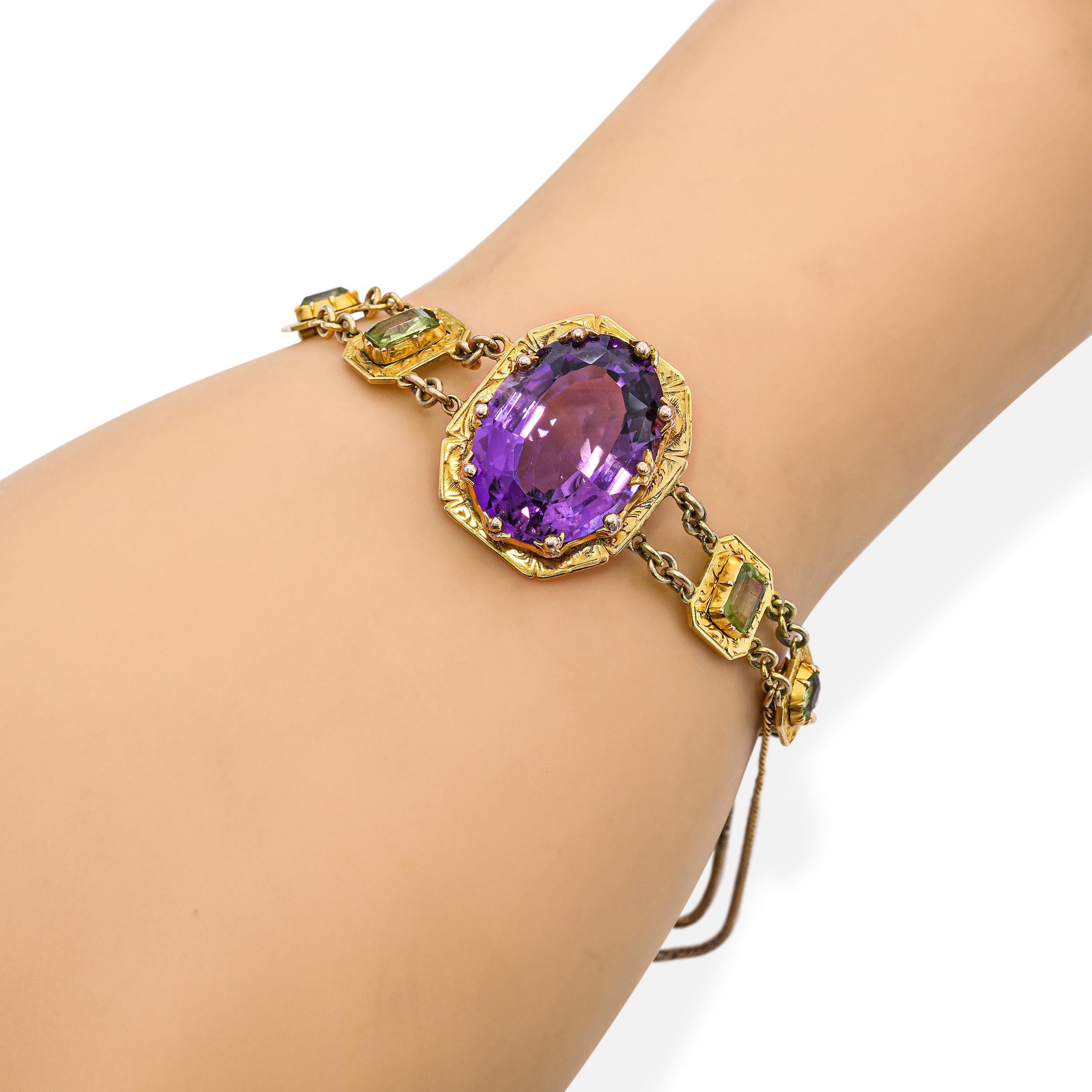 Mixed Cut Antique Victorian 18k Yellow Gold Amethyst Peridot Intricate Setting Bracelet For Sale