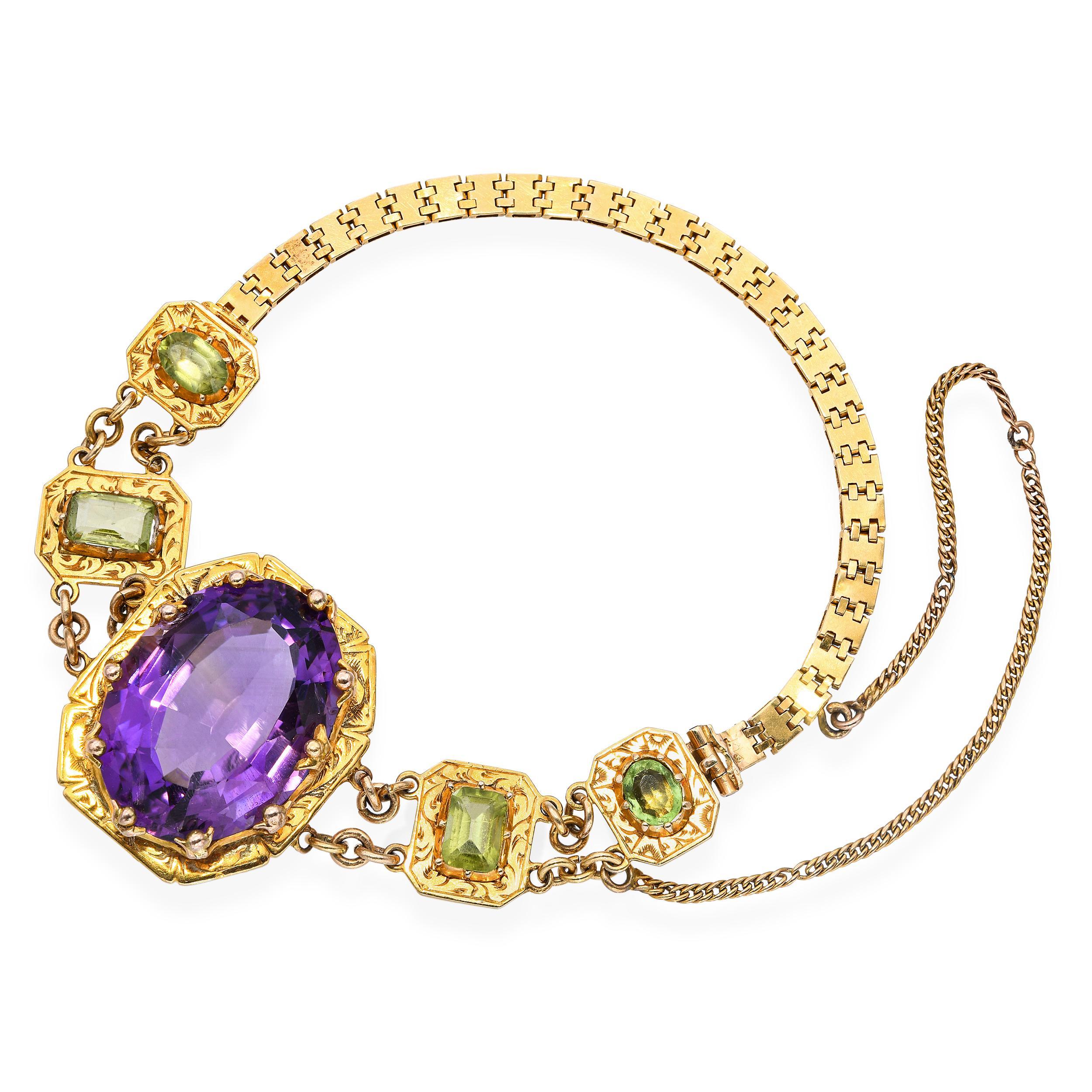 Antique Victorian 18k Yellow Gold Amethyst Peridot Intricate Setting Bracelet In Good Condition For Sale In New York, NY