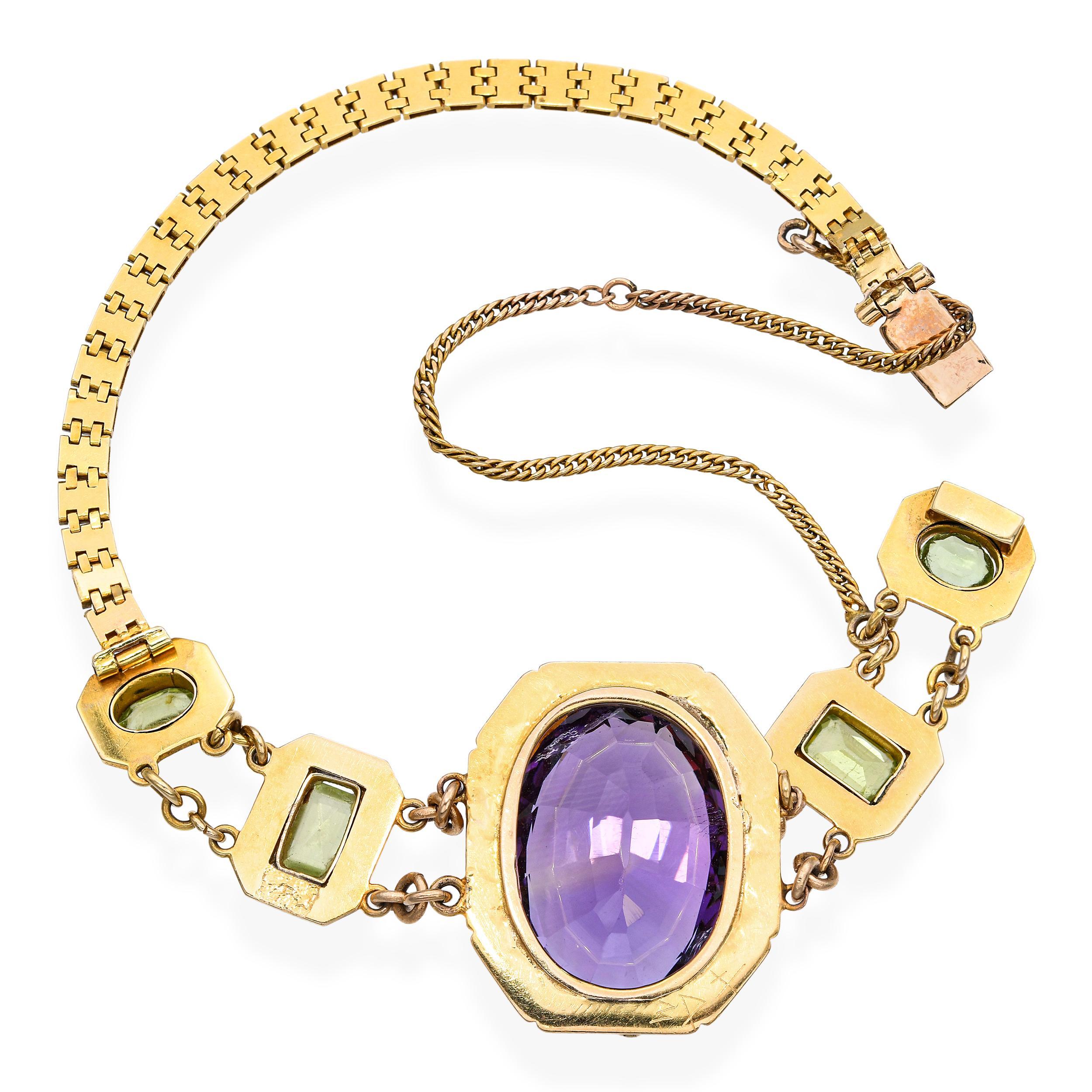 Women's Antique Victorian 18k Yellow Gold Amethyst Peridot Intricate Setting Bracelet For Sale
