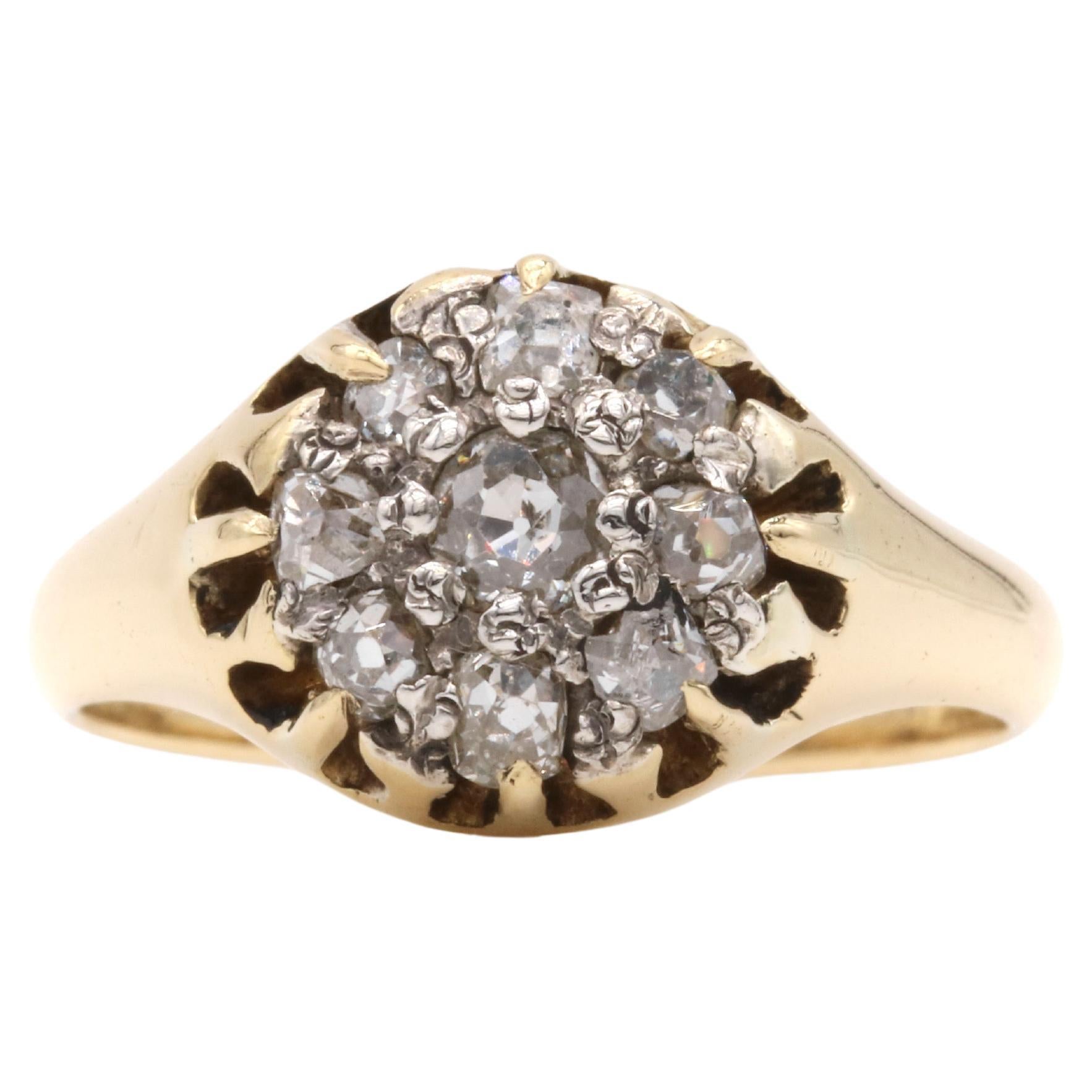 Antique Victorian 18K Yellow Gold and Silver 0.6ctw Diamond Cluster Ring