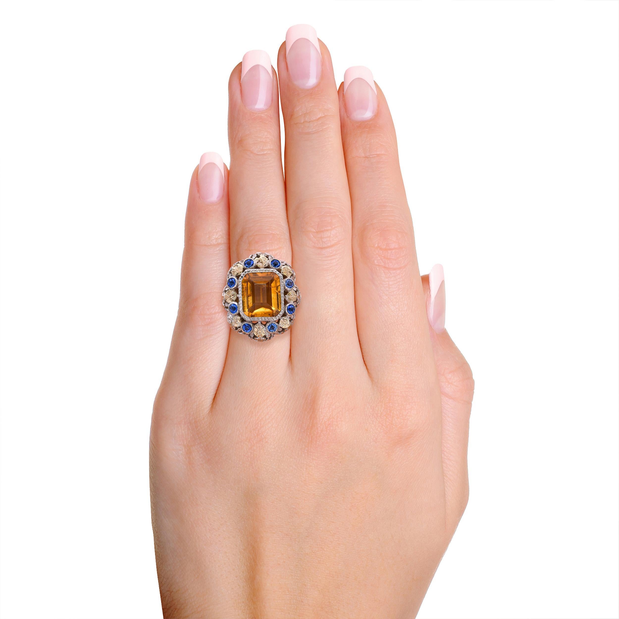 Mixed Cut Antique Victorian 18k Yellow Gold and Silver Citrine and Paste Cocktail Ring For Sale