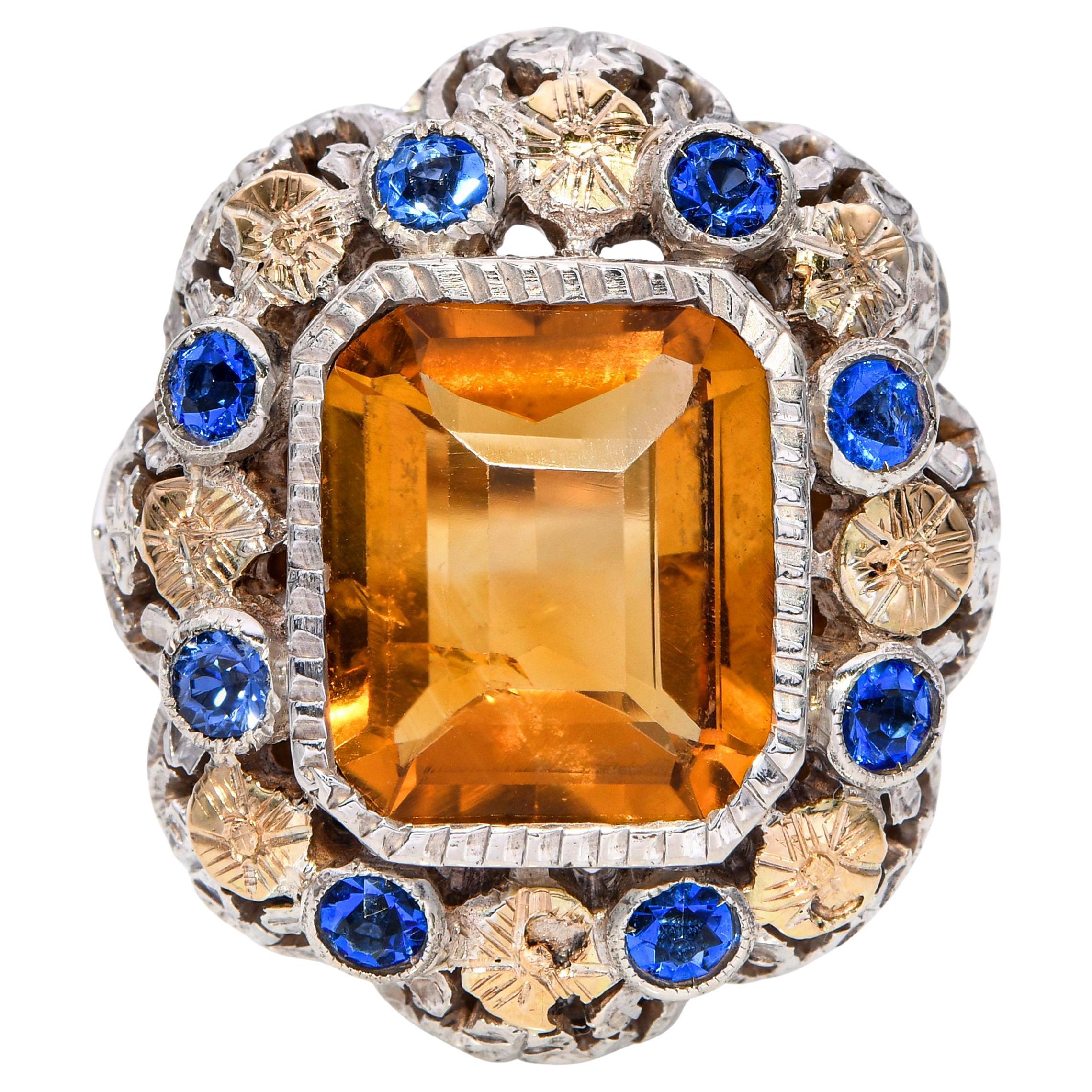 Antique Victorian 18k Yellow Gold and Silver Citrine and Paste Cocktail Ring For Sale