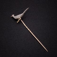 Antique Victorian 18K Yellow Gold and Silver Diamond Pheasant Stick Pin