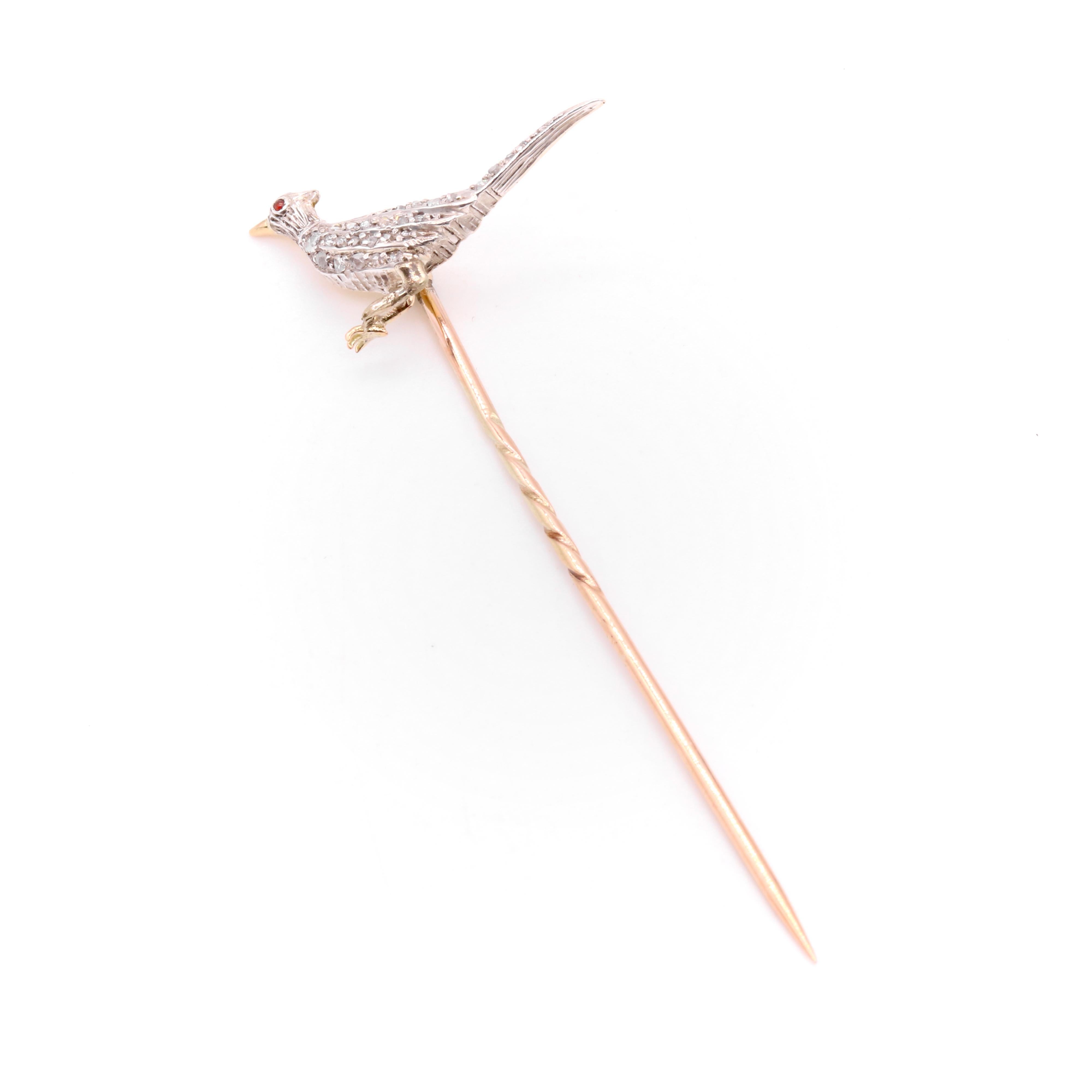 Antike viktorianische Anstecknadel mit Fasanen aus 18 Karat Gelbgold und Silber mit Diamanten (Viktorianisch) im Angebot