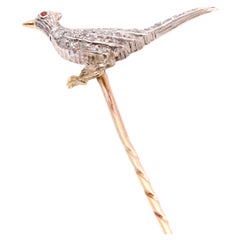 Antique Victorian 18K Yellow Gold and Silver Diamond Pheasant Stick Pin