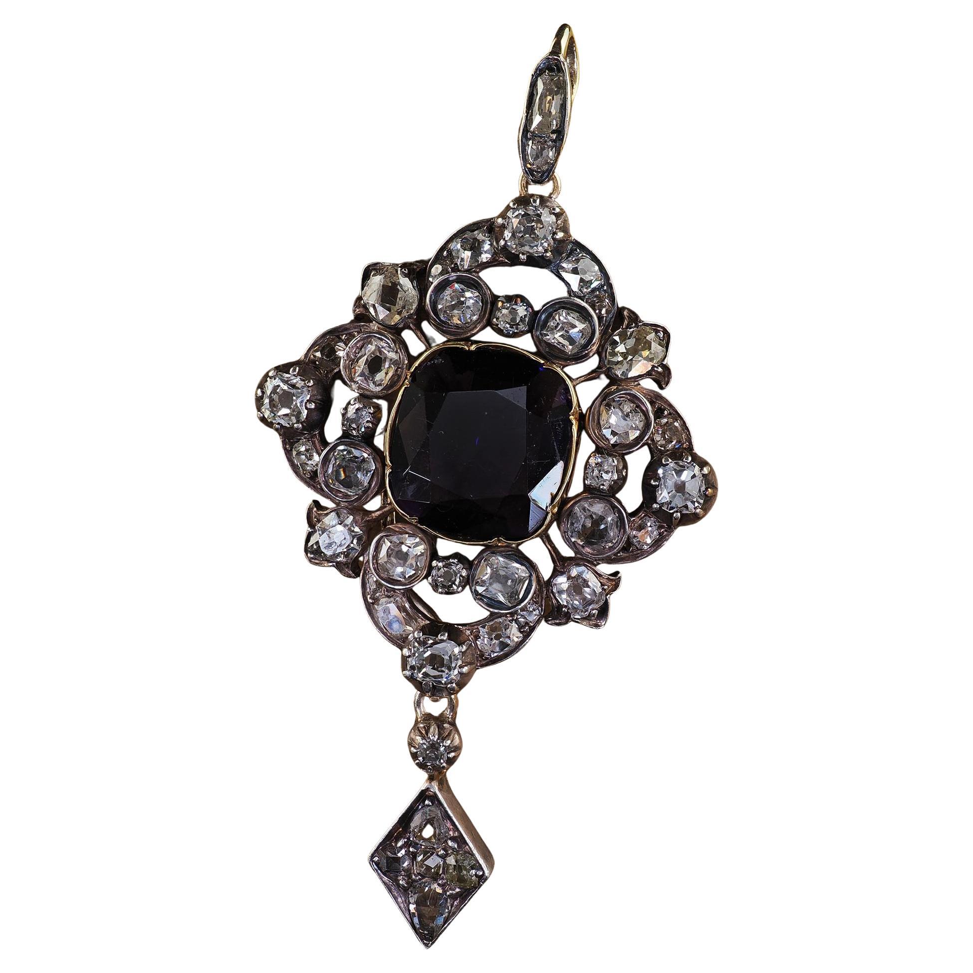 Antique Victorian 18K Yellow Gold and Silver Old Mine Diamond Amethyst Pendant