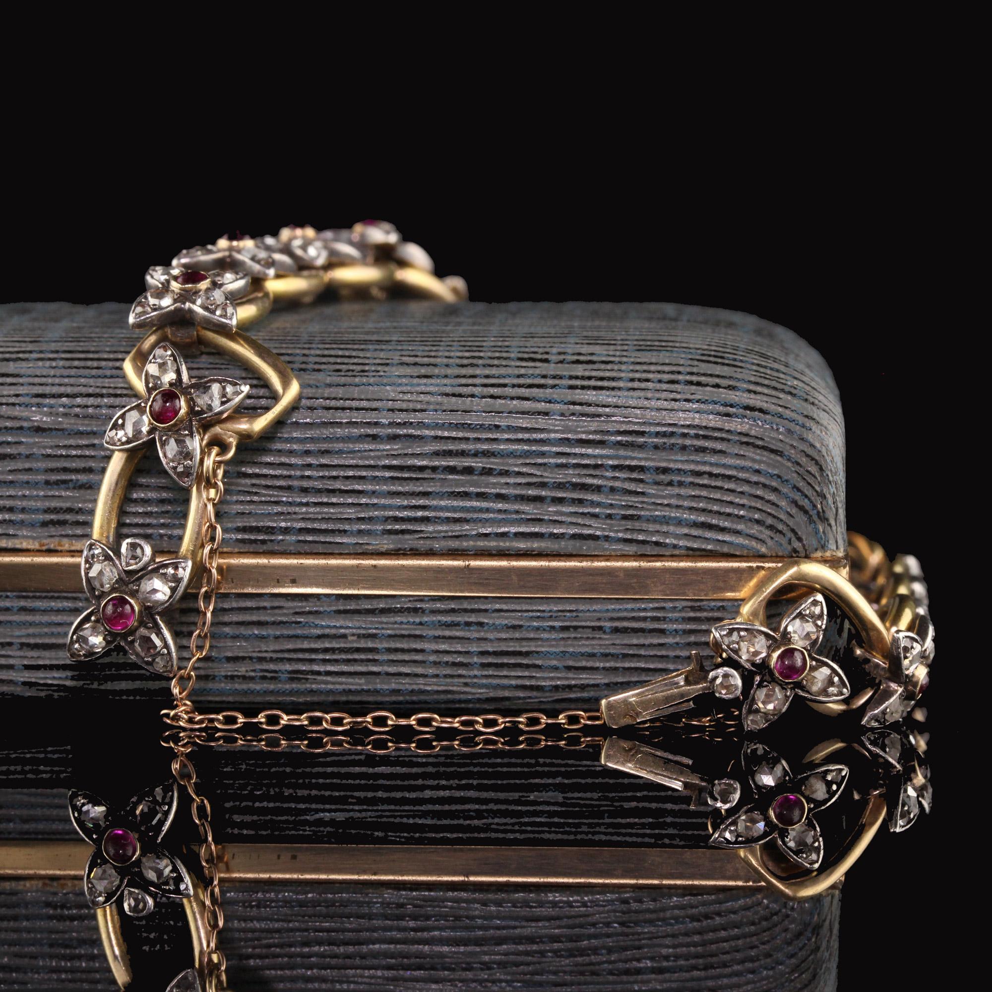 Antique Victorian 18 Karat Gold and Silver Rose Cut Diamond and Ruby Bracelet In Good Condition In Great Neck, NY