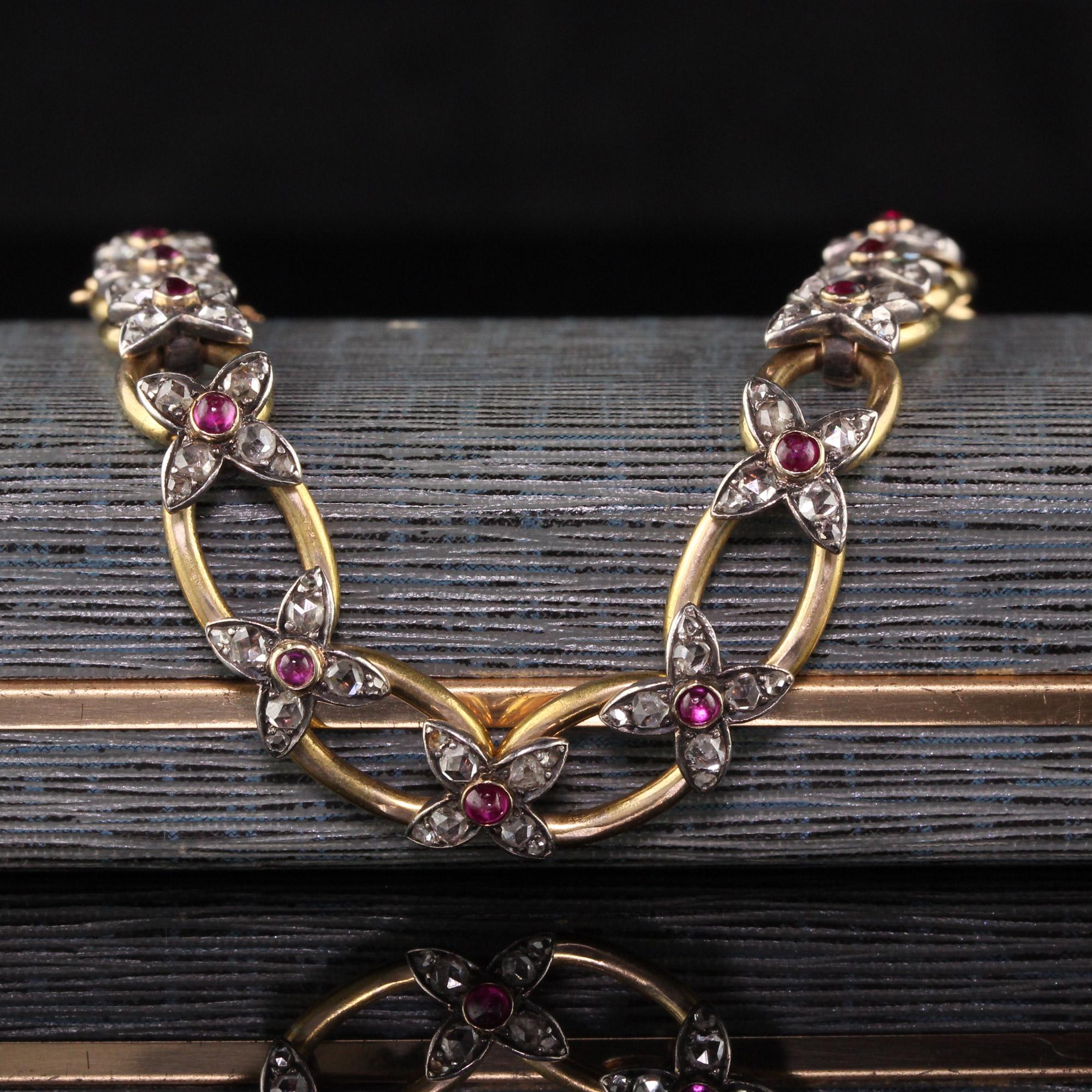 Women's Antique Victorian 18 Karat Gold and Silver Rose Cut Diamond and Ruby Bracelet