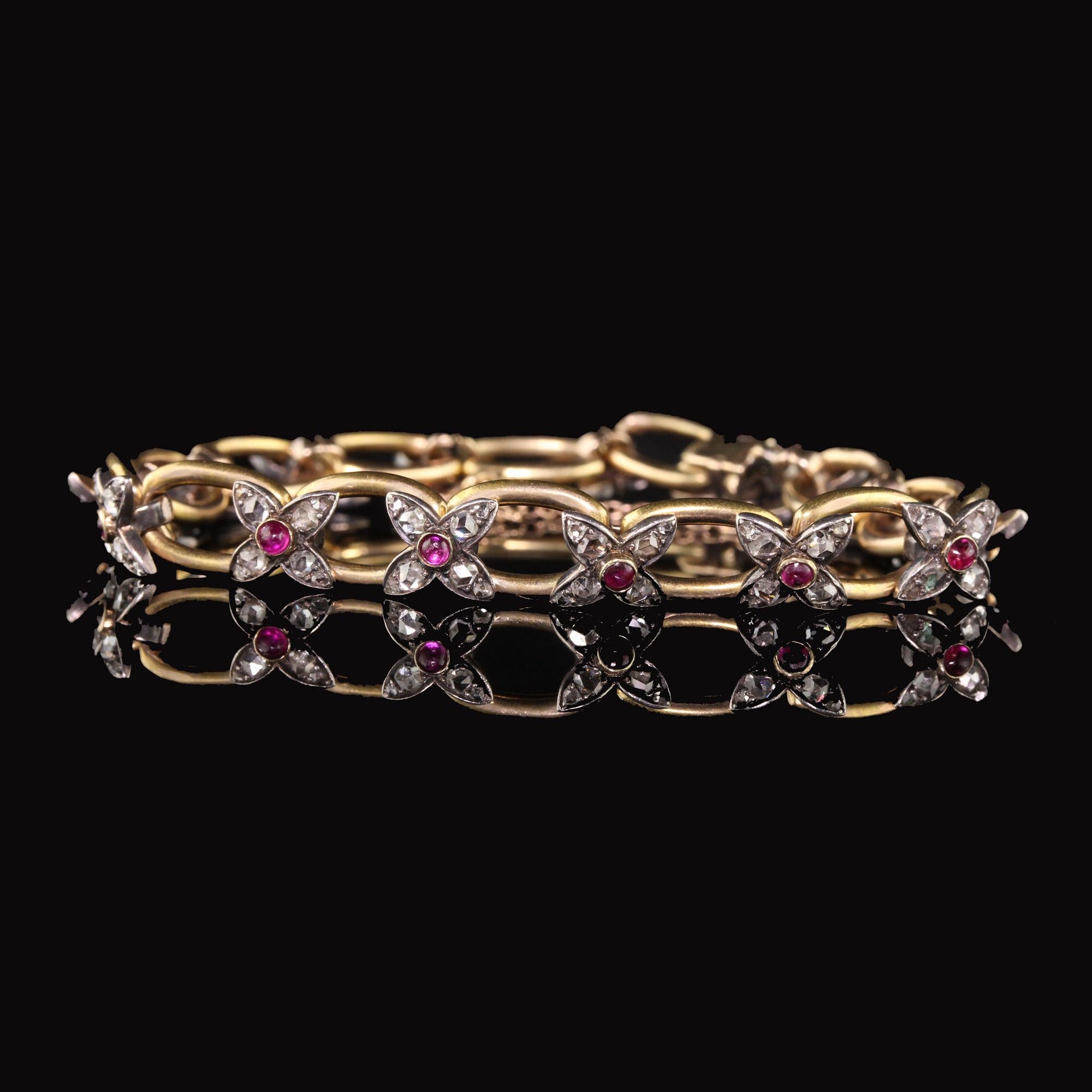 Beautiful Victorian bracelet with rose cut diamonds and rubies. 

Item #B0029

Metal: 18K Yellow Gold and Silver Top

Weight: 22.4 Grams

Total Diamond Weight: Approximately 1.20 cts

Diamond Color: H

Diamond Clarity: VS2

Measurements: 7 in x 0.23