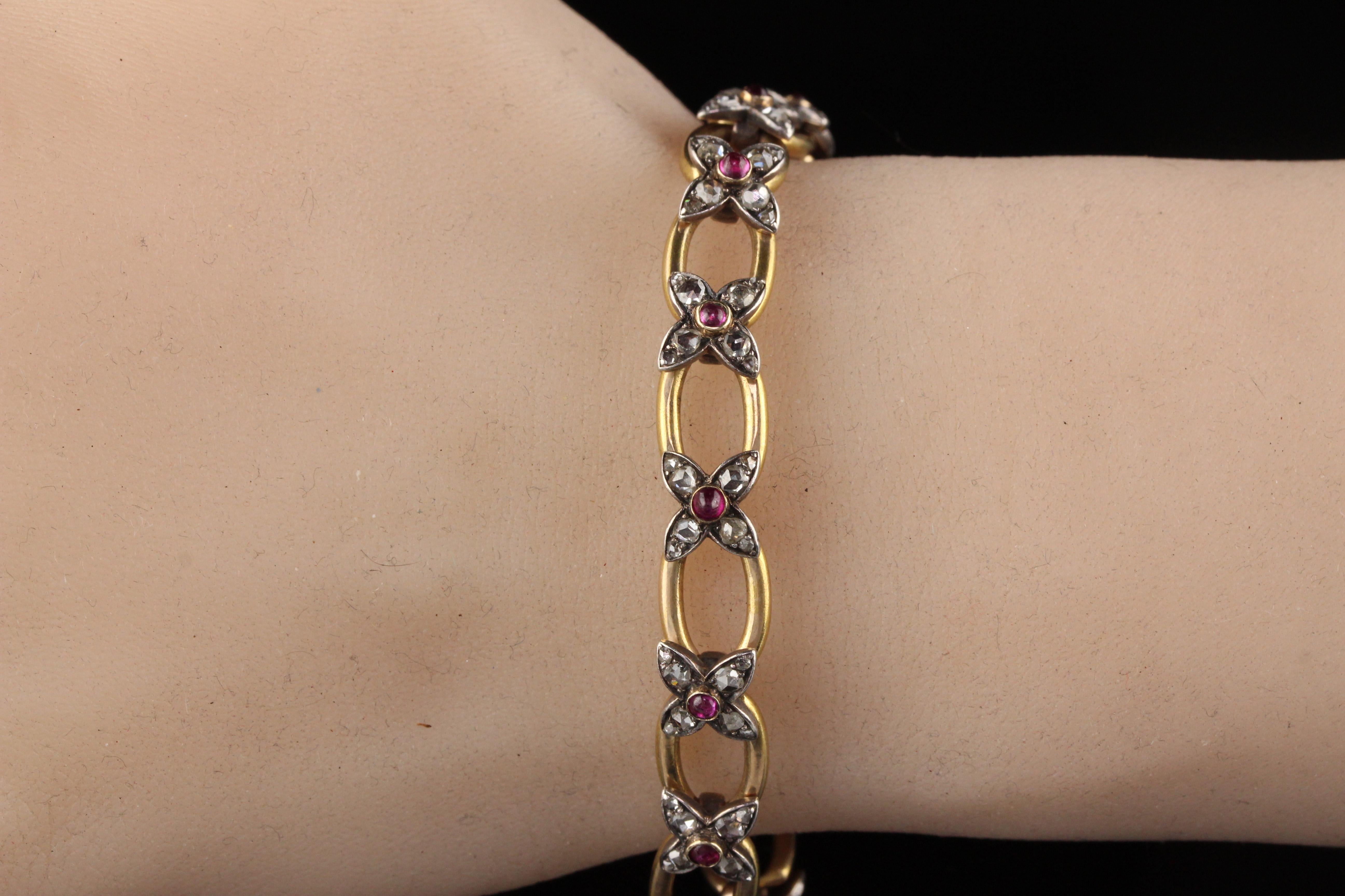 Antique Victorian 18 Karat Gold and Silver Rose Cut Diamond and Ruby Bracelet 1