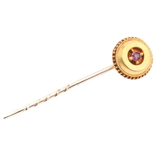 Mat Ruby Pin Antique Victorian 18K Yellow Gold and Silver Ruby Stick Pin For Sale at ...
