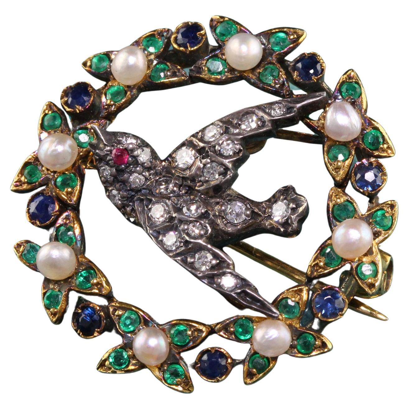 Antique Victorian 18K Yellow Gold and Silver Topped Diamond Swallow Bird Pin For Sale