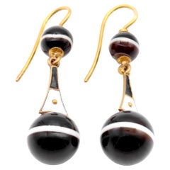 Antique Victorian 18K Yellow Gold Banded Agate & Black and White Enamel Earrings