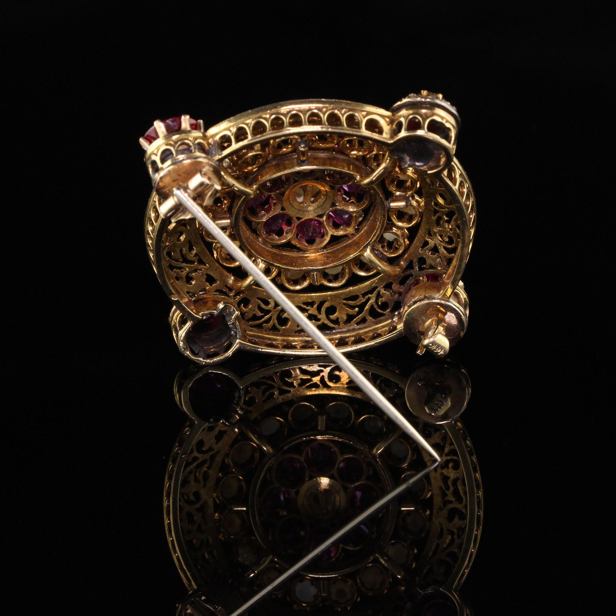 Early Victorian Antique Victorian 18 Karat Yellow Gold Black Enamel Ruby Pearl Diamond Pin