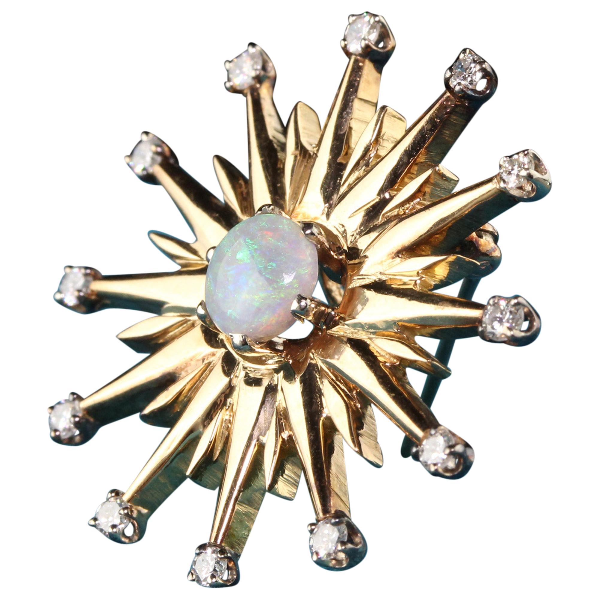 Vintage 18 Karat Yellow Gold Black Opal and Diamond Star Burst Pin Pendant For Sale