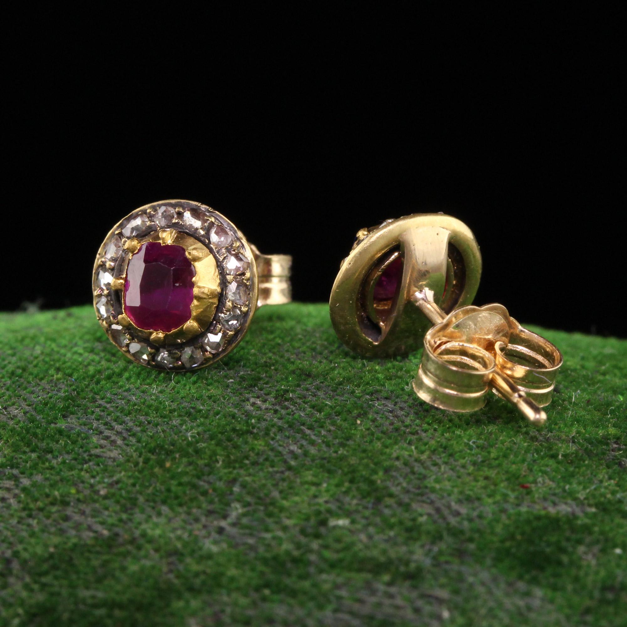Old Mine Cut Antique Victorian 18k Yellow Gold Burma Ruby and Diamond Stud Earrings