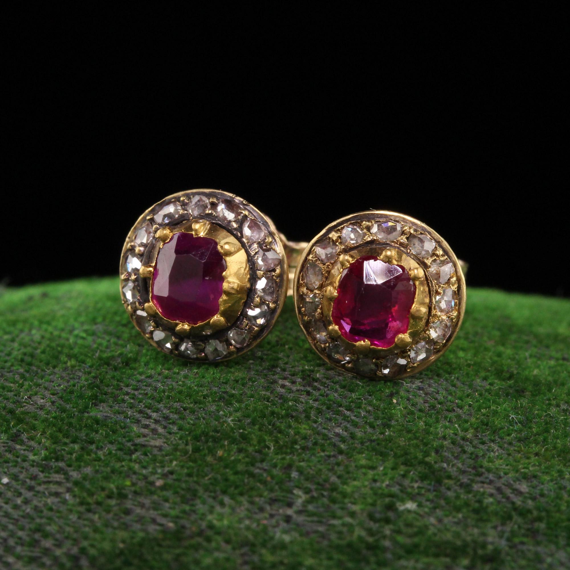 Antique Victorian 18k Yellow Gold Burma Ruby and Diamond Stud Earrings In Good Condition In Great Neck, NY