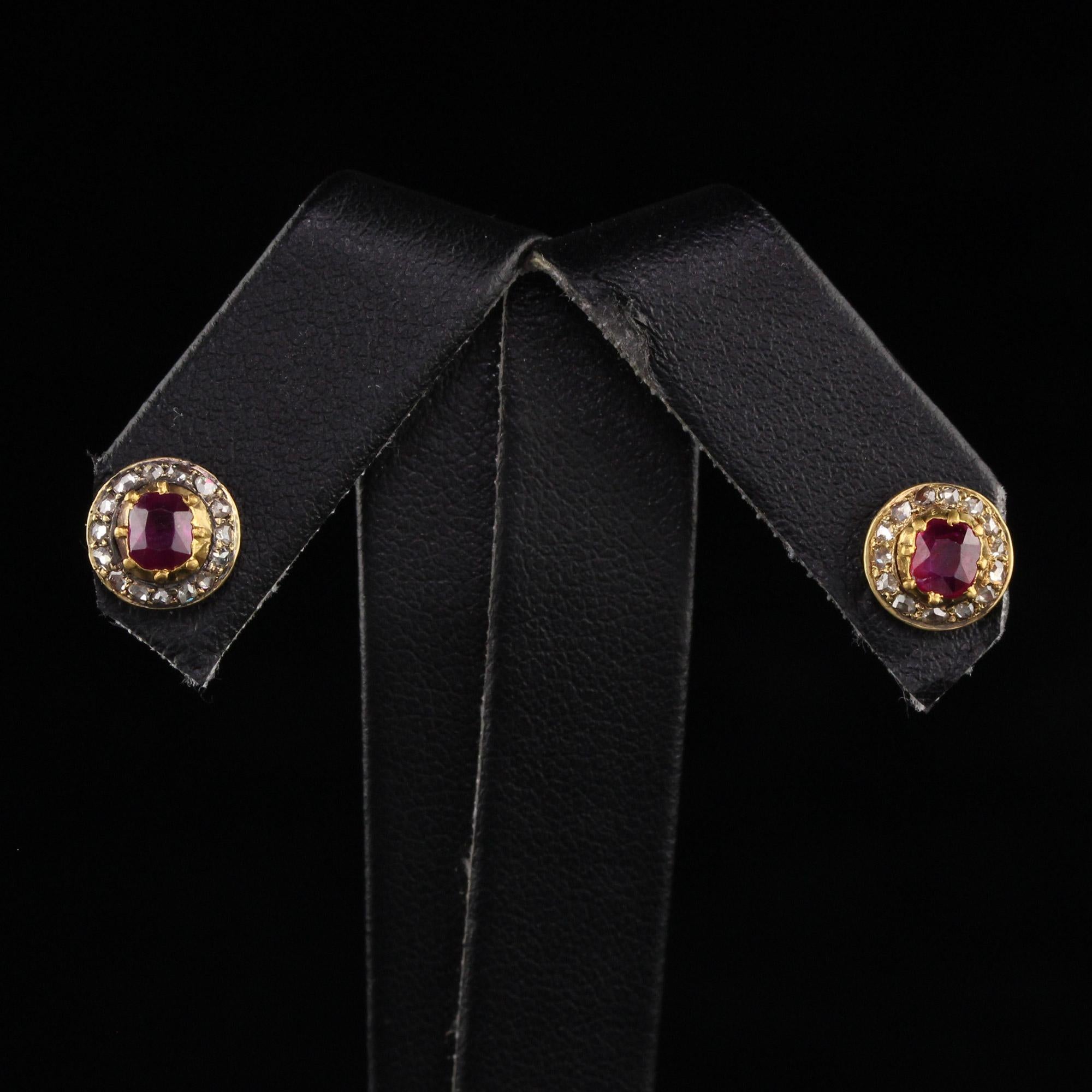 Antique Victorian 18k Yellow Gold Burma Ruby and Diamond Stud Earrings 1