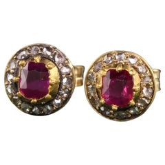Antique Victorian 18k Yellow Gold Burma Ruby and Diamond Stud Earrings
