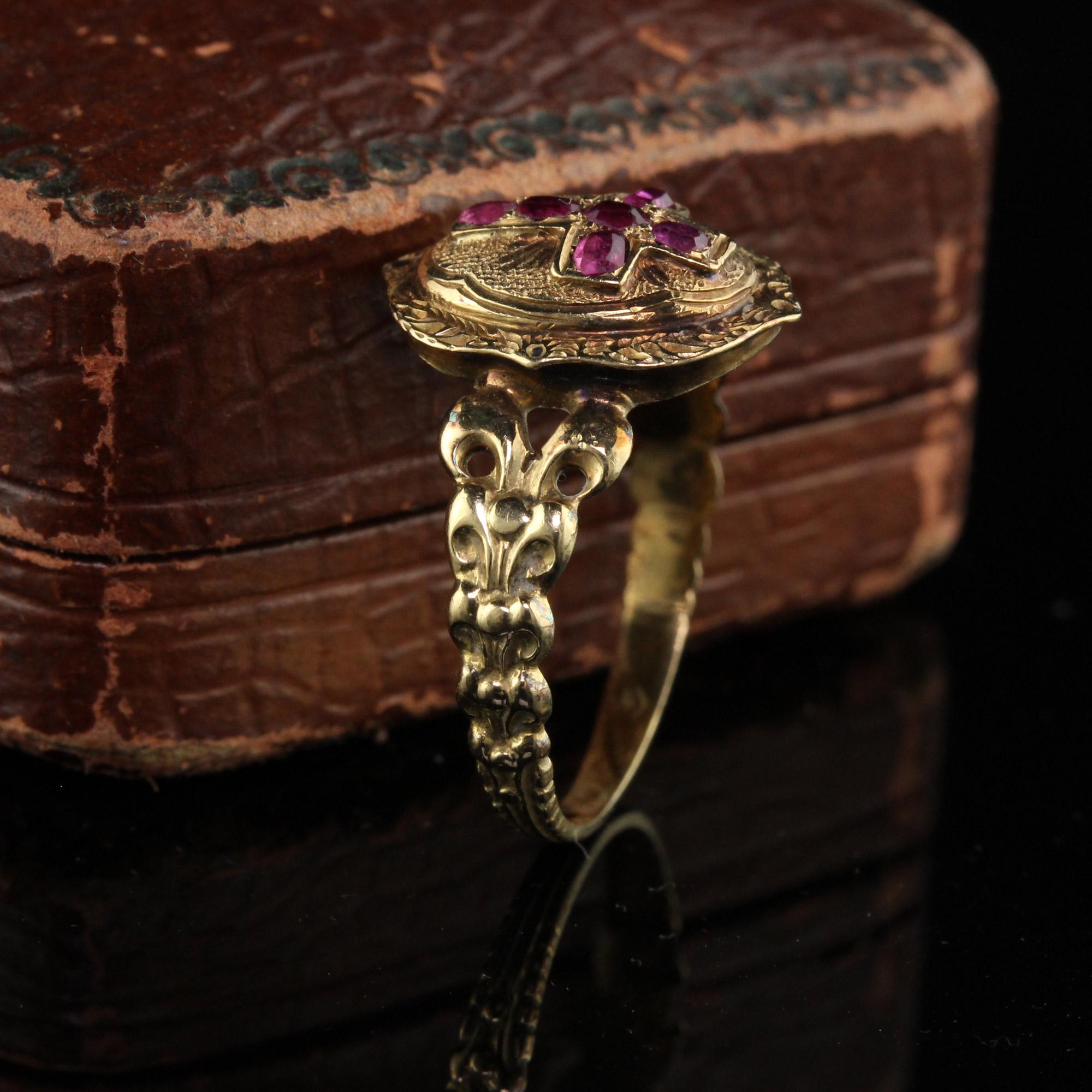 Old Mine Cut Antique Victorian 18k Yellow Gold Burmese Ruby Cross Ring