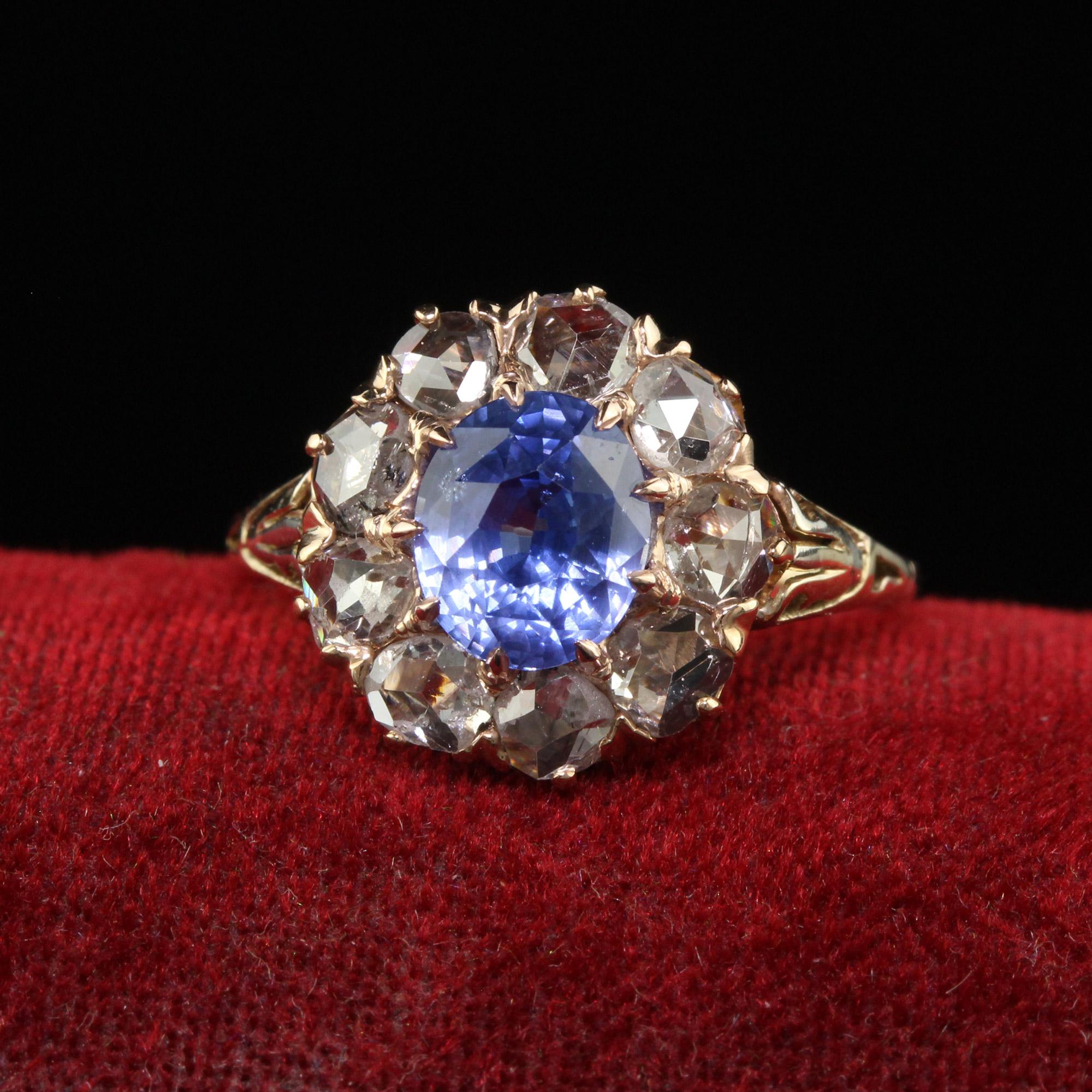 Beautiful Antique Victorian 18K Yellow Gold Ceylon Sapphire Diamond Engagement Ring - GIA. This incredible Victorian sapphire and diamond ring is crafted in 18k yellow gold. The ring features a natural blue untreated Ceylon sapphire that has a GIA