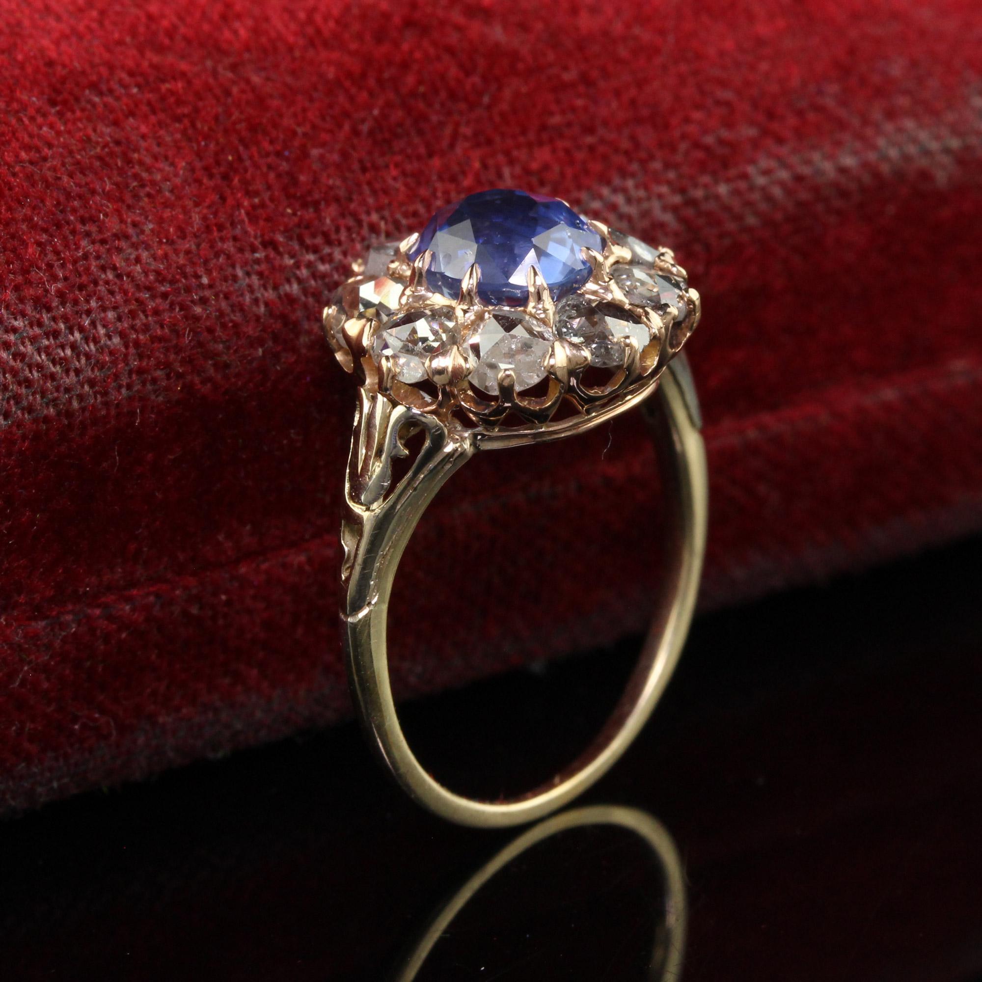 Round Cut Antique Victorian 18K Yellow Gold Ceylon Sapphire Diamond Engagement Ring - GIA