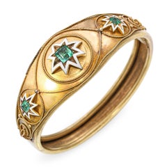 Antique Victorian 18K Yellow Gold Colombian Emerald and Enamel Star Bracelet