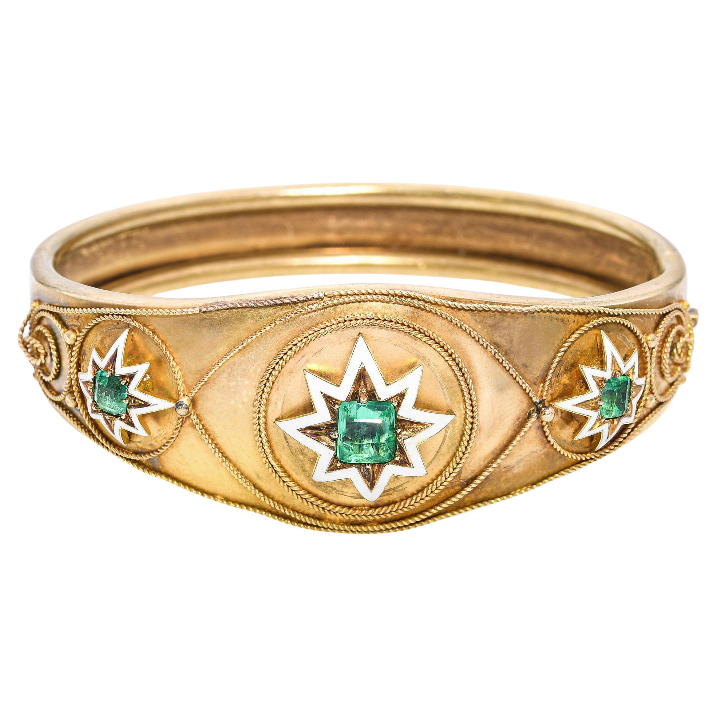 Antique Victorian 18K Yellow Gold Colombian Emerald and Enamel Star Bracelet For Sale