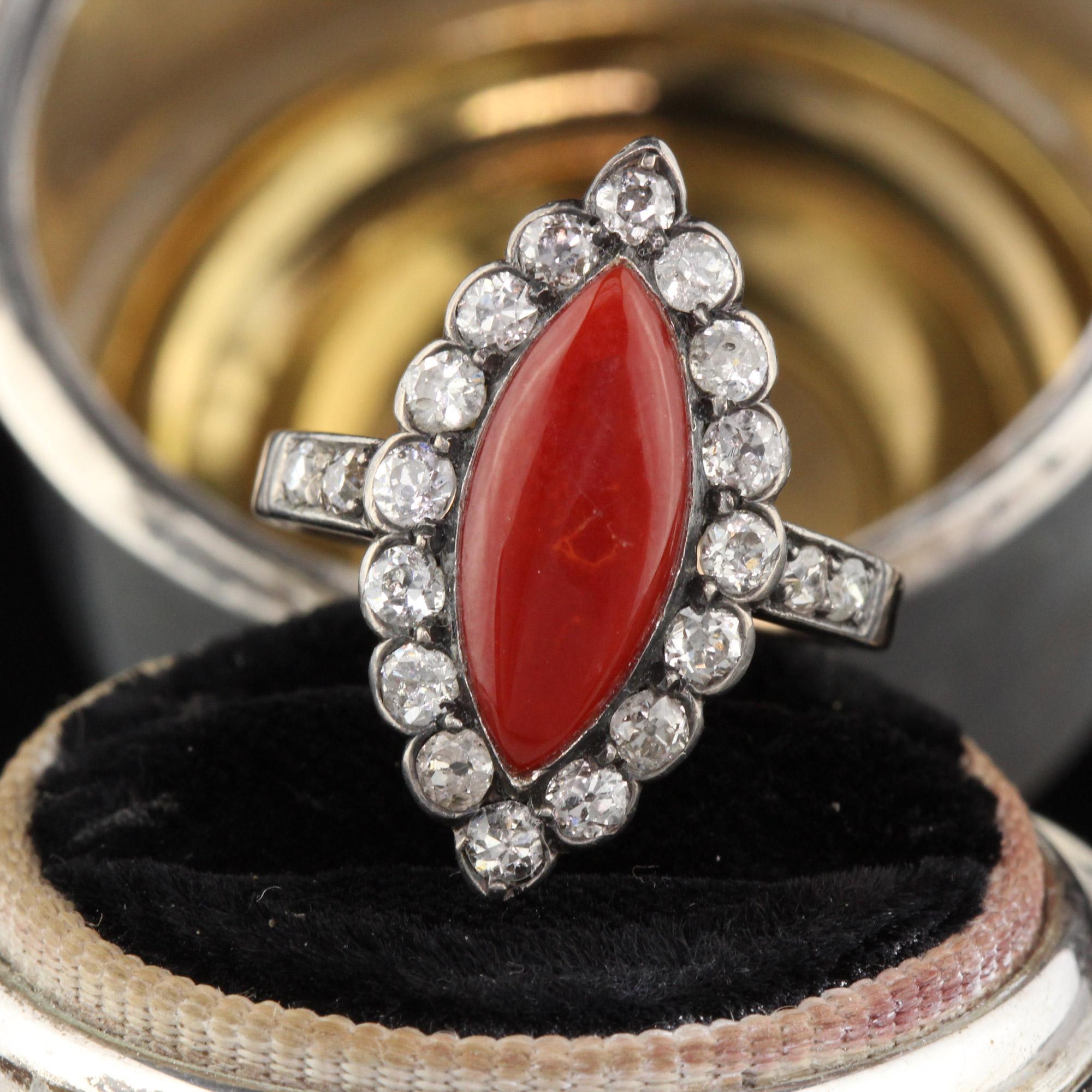 This is a gorgeous antique victorian coral and diamond ring. It is in excellent condition.

#R0003

Metal: 18K Yellow Gold and Silver Top

Weight: 3.2 Grams

Total Diamond Weight: Approximately 1 cts

Diamond Color: H

Diamond Clarity: SI2

Ring