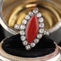 Antique Victorian 18 Karat Yellow Gold Coral and Diamond Navette Ring